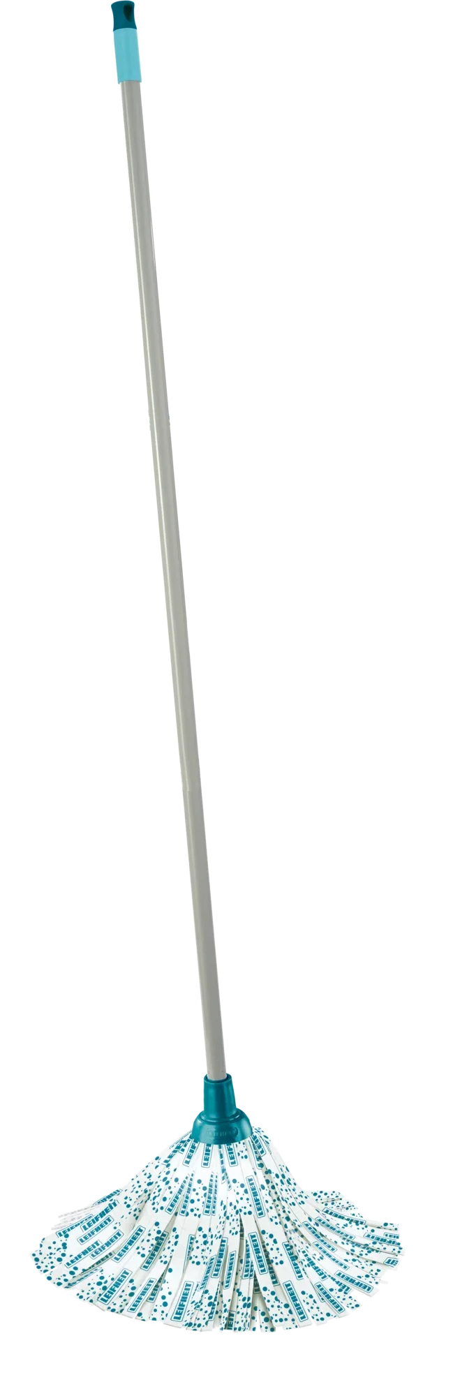 Een klassieke mop met een lange steel en blauwe en witte franjes, ideaal voor het grondig reinigen van vloeren. De mop is licht en gemakkelijk te hanteren, perfect voor dagelijks gebruik.