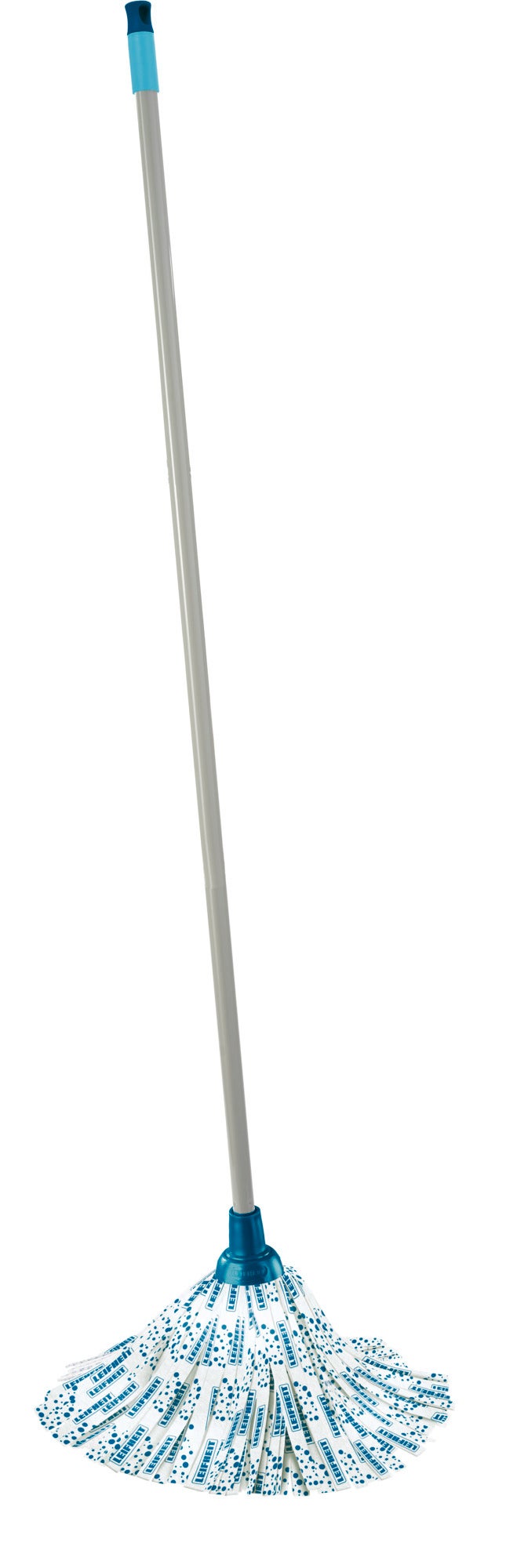 Une serpillière classique avec un long manche et des franges bleues et blanches, idéale pour nettoyer les sols en profondeur. La serpillière est légère et facile à manipuler, parfaite pour un usage quotidien.