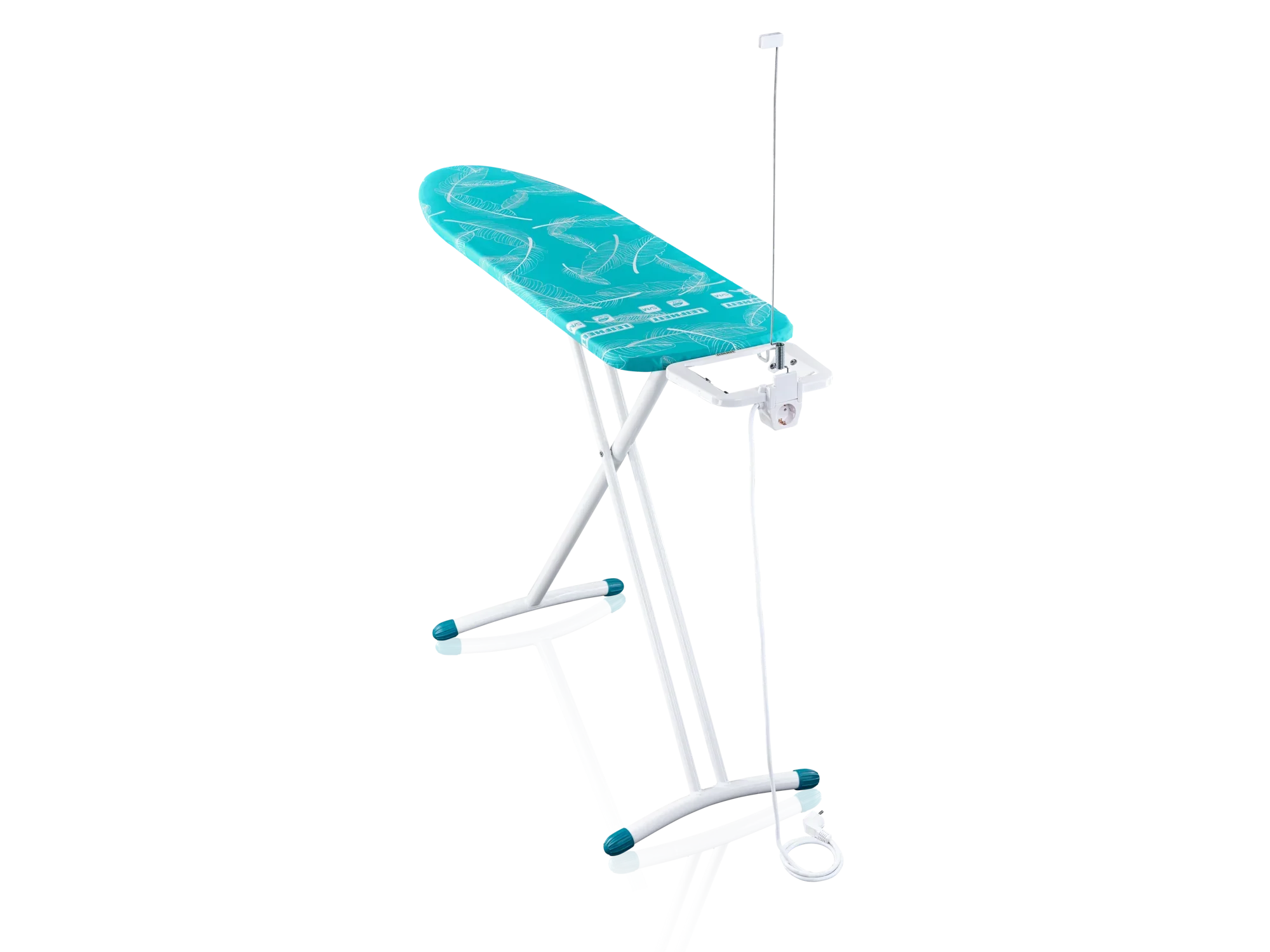 Bügelbrett Leifheit Air Board M Solid Plus in türkis mit stabilen, weißen Beinen. Es verfügt über eine Halterung für das Bügeleisen und eine Kabelhalterung. Ideal für effizientes Bügeln.