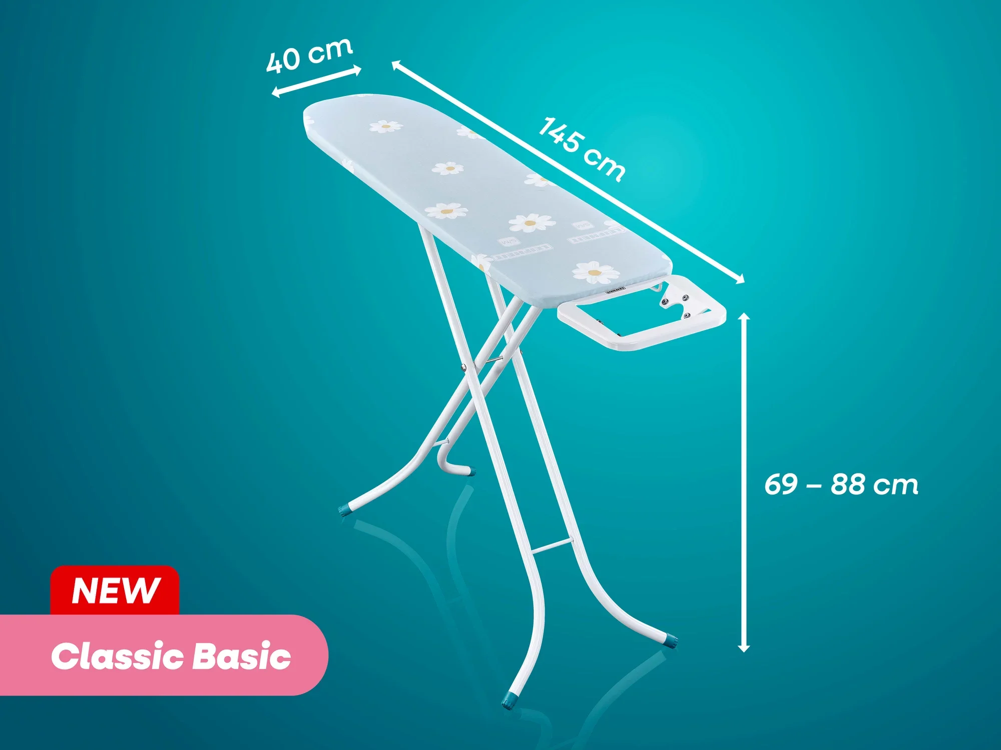 Bügelbrett Classic Basic von Leifheit mit den Maßen 145 cm Länge, 40 cm Breite und höhenverstellbar von 69 bis 88 cm. Stabiler Stand, ideal für komfortables Bügeln.