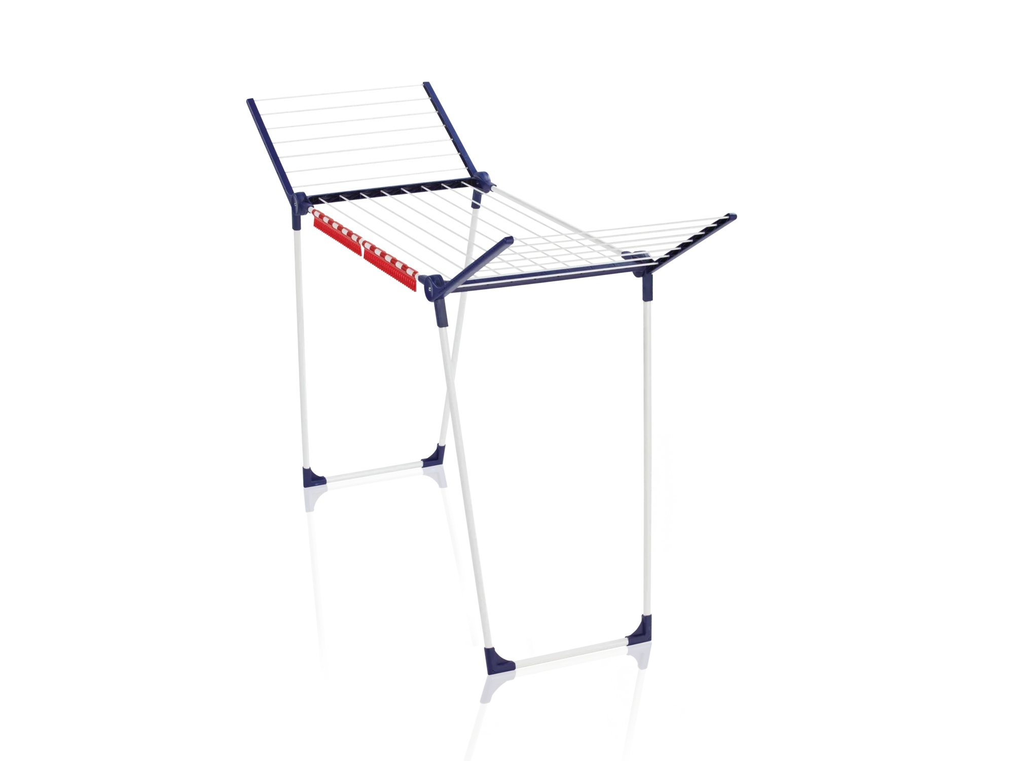 Een Pegasus 160 Slim wasdroger met blauwe en witte stokjes. Hij biedt veel ruimte voor het drogen van kleding en is ideaal voor kleine ruimtes.