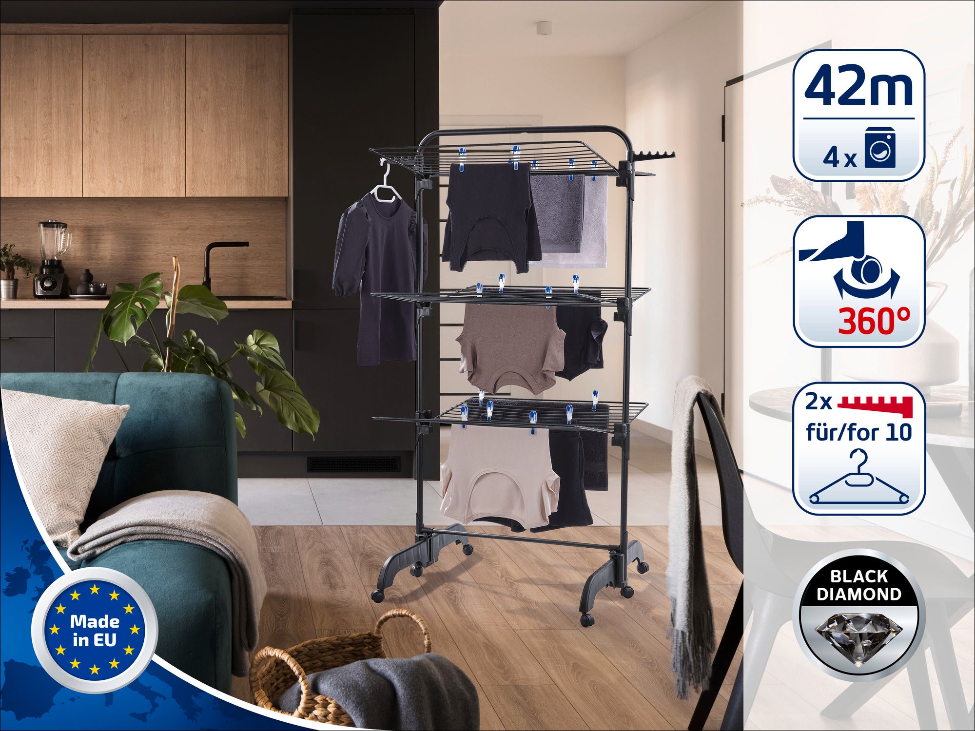 A tower dryer in a modern living room. The dryer offers 42 metres of drying length, is equipped with 360-degree wheels and has space for four washing loads.