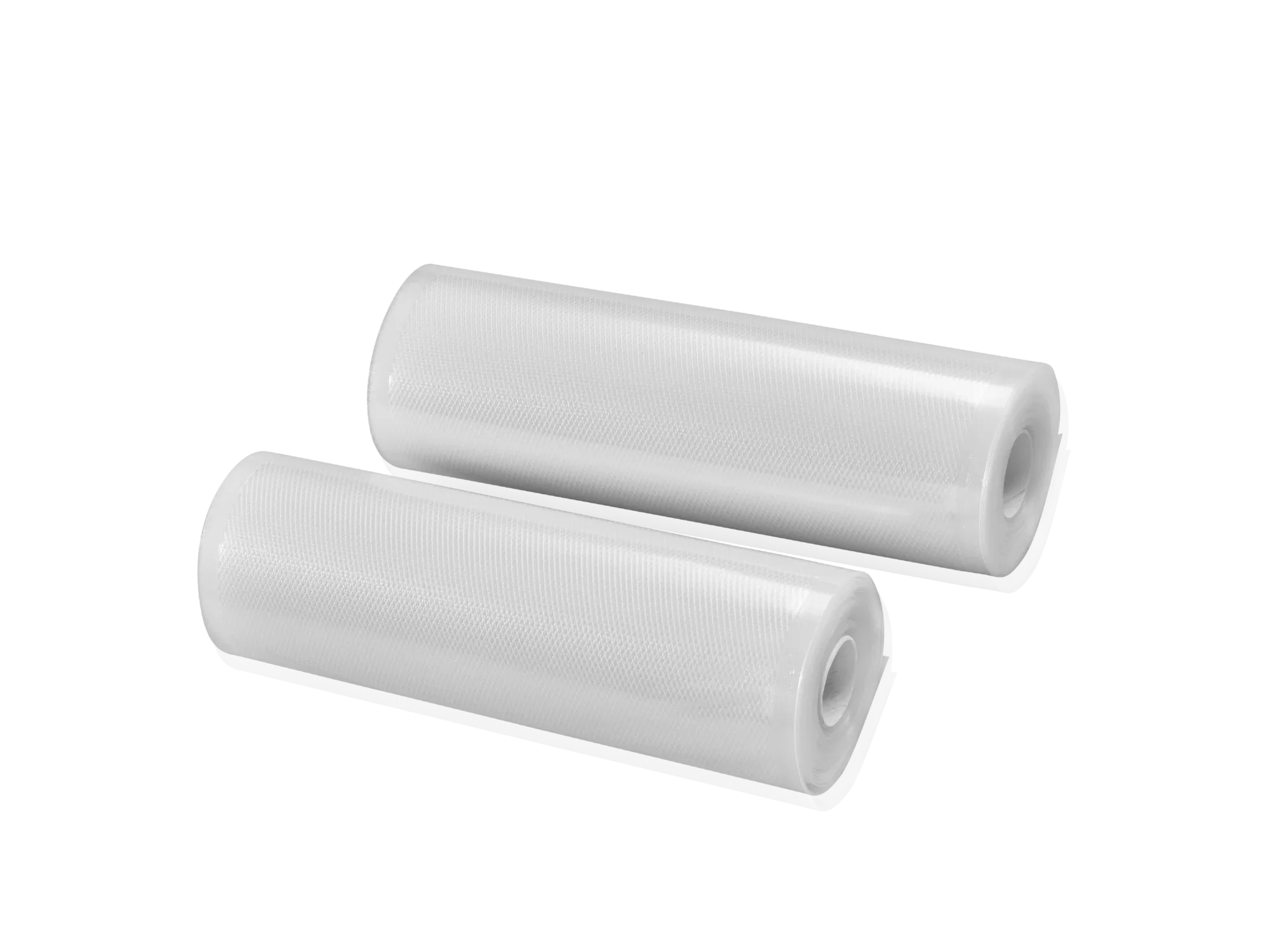 Deux rouleaux sous vide blancs de 20 x 600 cm sont placés côte à côte sur un fond noir. Ils sont parfaits pour emballer hermétiquement les aliments et les conserver plus longtemps.