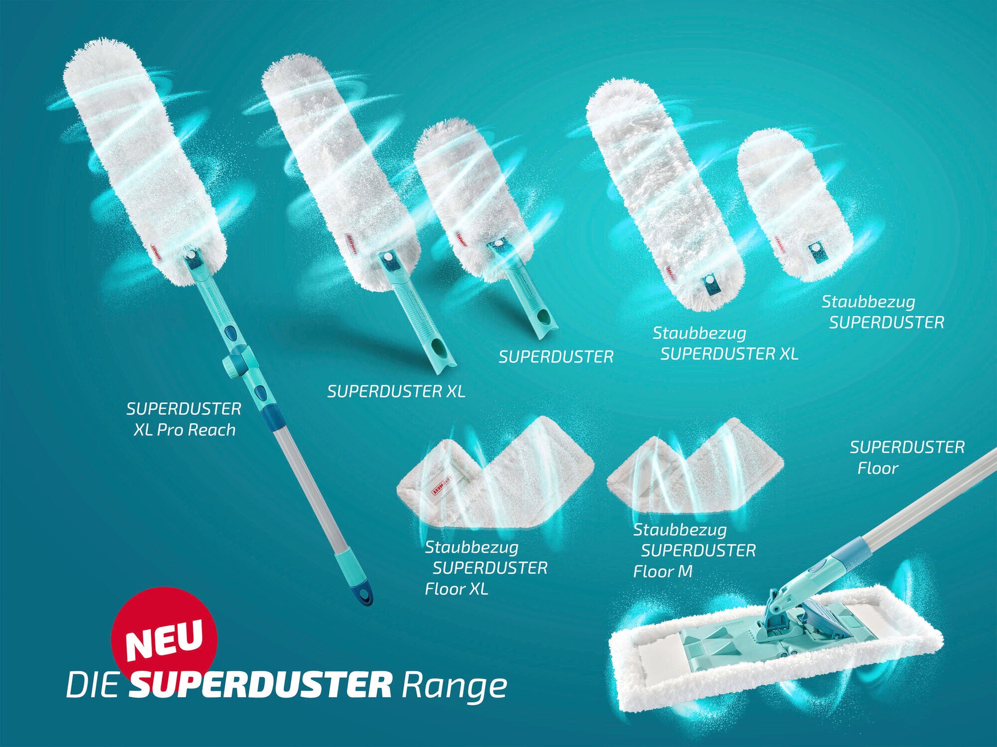 Die Abbildung zeigt die neue Superduster-Produktreihe von Leifheit. Zu sehen sind verschiedene Staubwedelmodelle, darunter der Superduster XL Pro Reach, XL und Floor, sowie passende Staubbezüge.