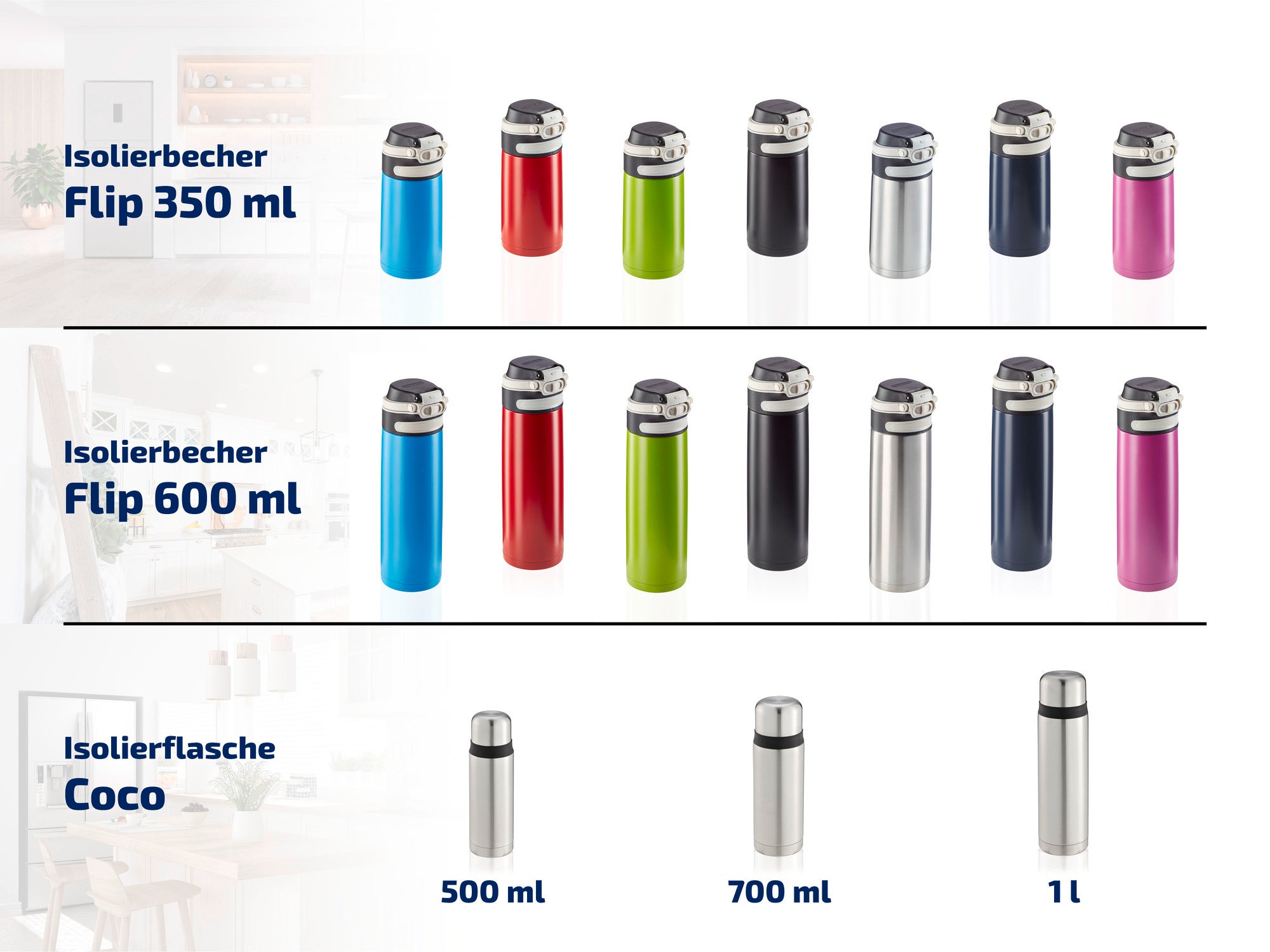 Das Bild zeigt eine Übersicht von Isolierbechern und Isolierflaschen. Oben sind Isolierbecher Flip in 350 ml und 600 ml in verschiedenen Farben. Unten sind Isolierflaschen Coco in 500 ml, 700 ml und 1 l.