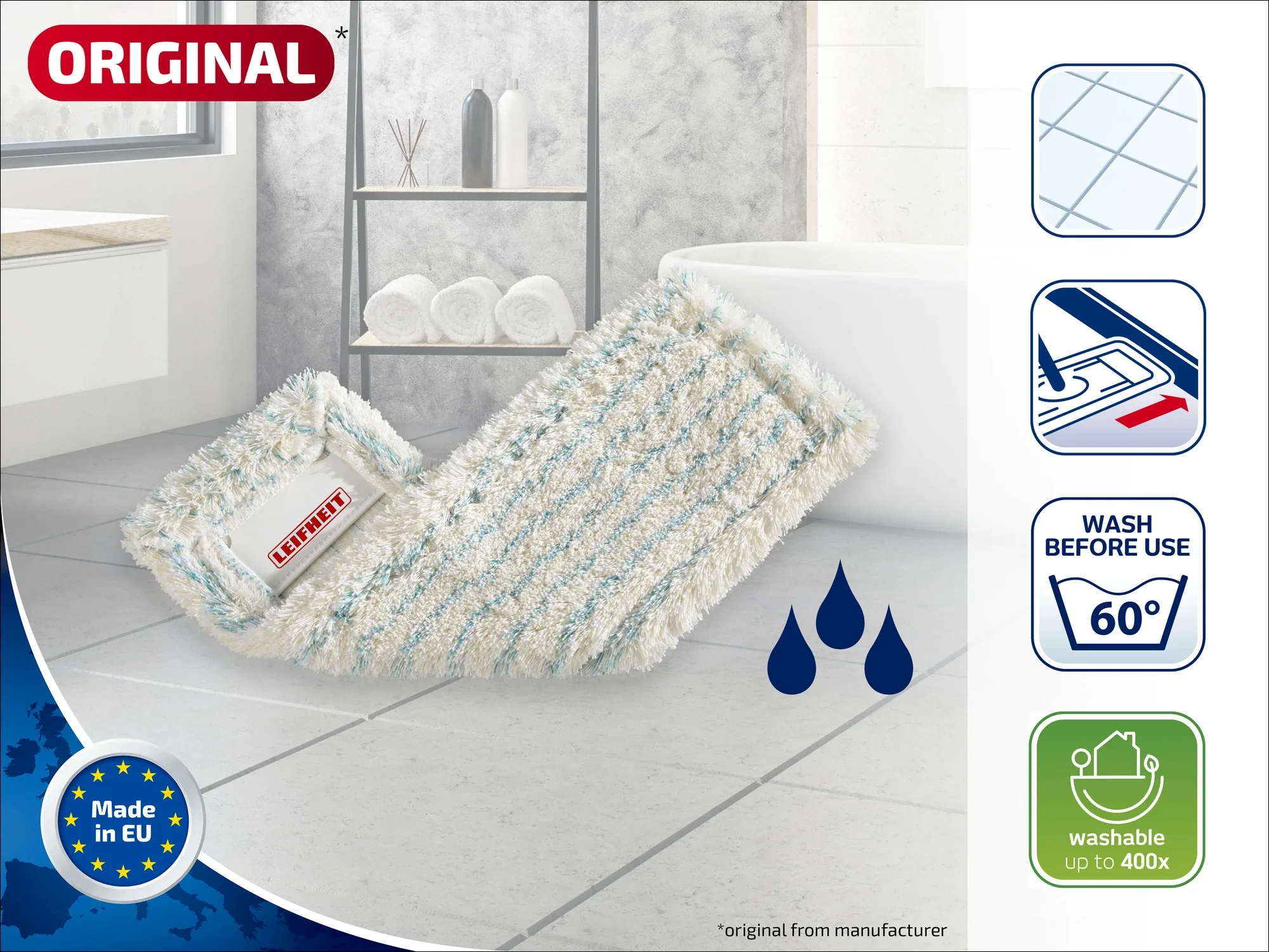 Un balai à franges de haute qualité de Leifheit repose sur le sol d'une salle de bains. Le produit est lavable à 60 degrés et réutilisable jusqu'à 400 fois. Idéal pour un nettoyage en profondeur.