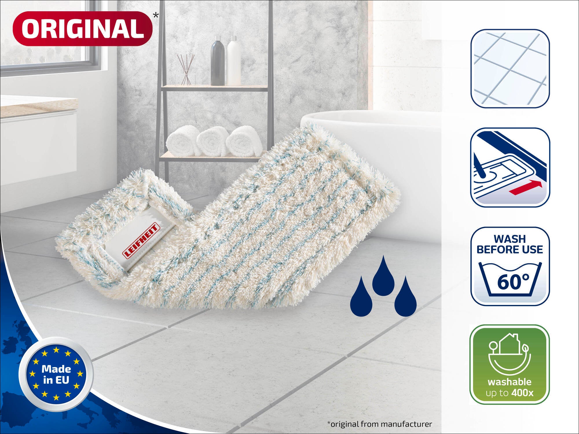 Un balai à franges de haute qualité de Leifheit repose sur le sol d'une salle de bains. Le produit est lavable à 60 degrés et réutilisable jusqu'à 400 fois. Idéal pour un nettoyage en profondeur.