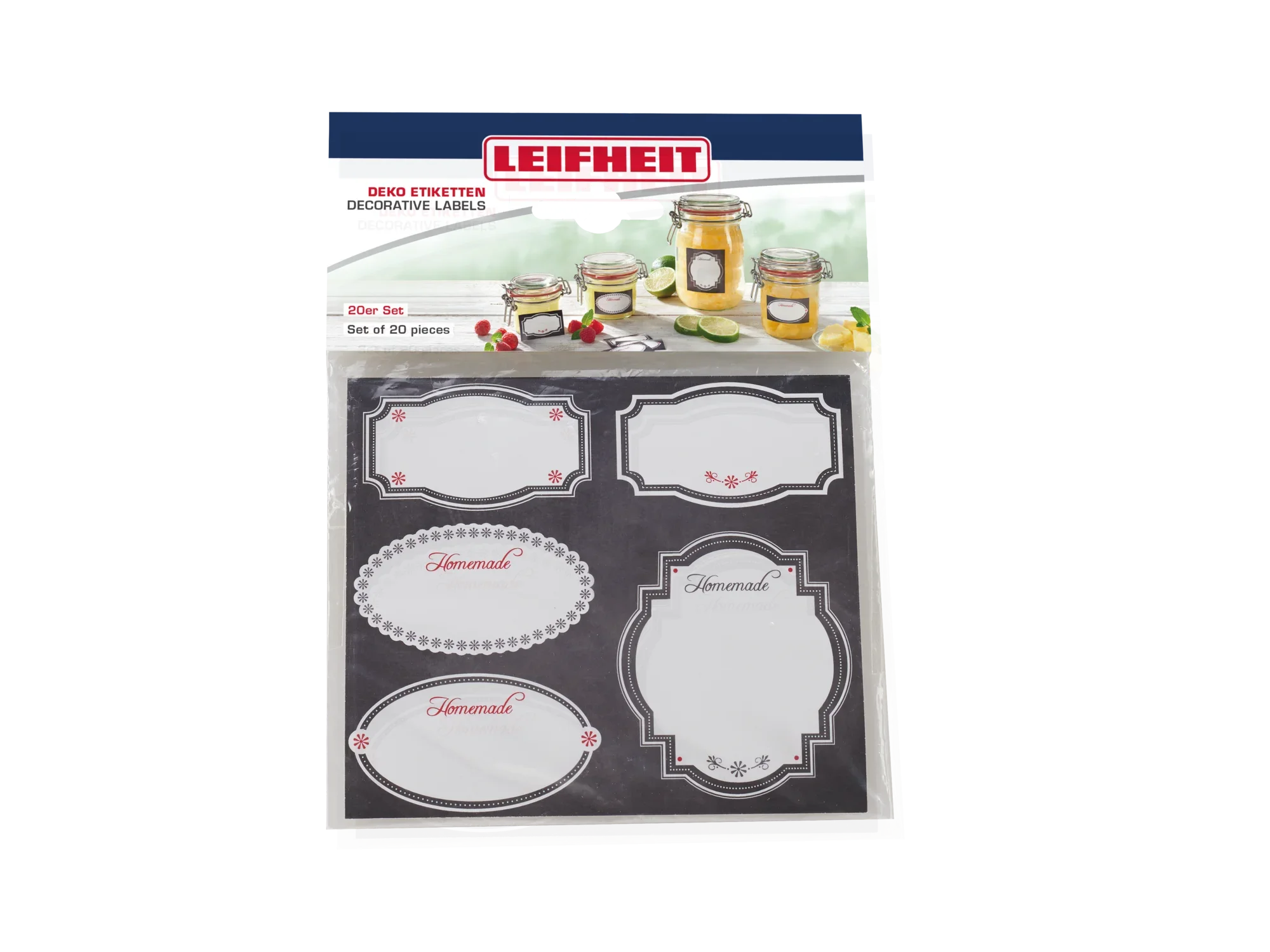 De afbeelding toont een set Leifheit decoratieve etiketten in zwart en wit. De etiketten hebben verschillende vormen en zijn ideaal voor het etiketteren van potten en containers.