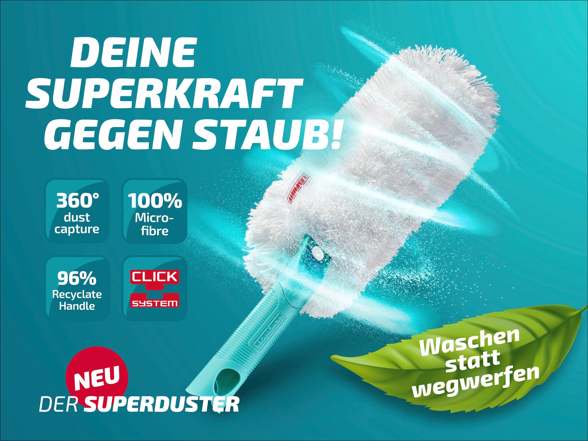 Der Leifheit Superduster ist ein innovativer Staubwedel mit 360°-Staubaufnahme und 100% Mikrofaser. Er verfügt über einen Griff aus 96% recyceltem Material und das Click-System. Ideal zum Waschen statt Wegwerfen.
