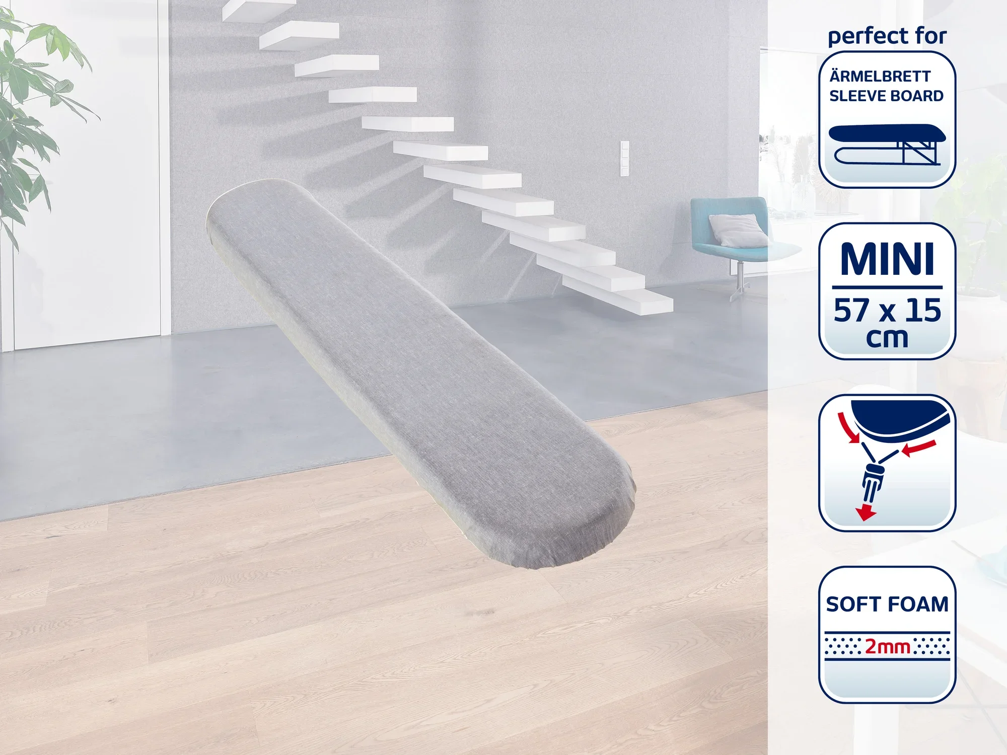 Szary pokrowiec na deskę do prasowania, idealny do desek mini o wymiarach 57 x 15 cm. Wyposażony w 2 mm miękką piankę dla optymalnego komfortu prasowania i gładkich rezultatów.
