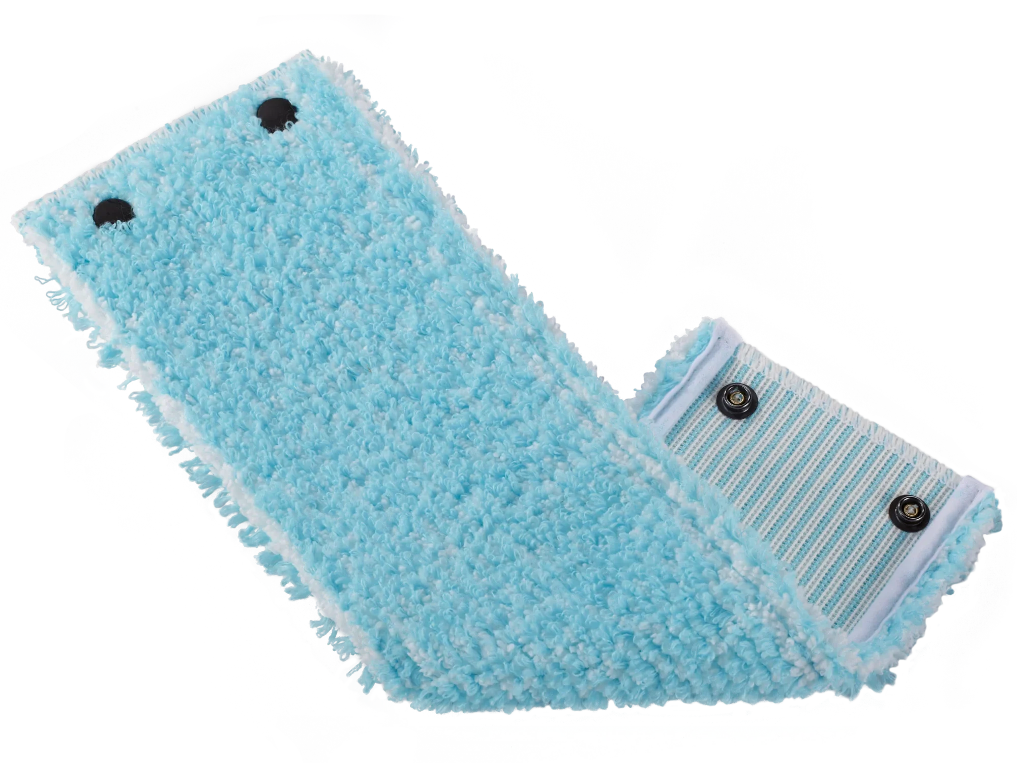 Una funda para mopa CLEAN TWIST super soft azul, ideal para suelos delicados. La funda tiene una textura suave y está equipada con dos botones a presión para garantizar una sujeción segura.