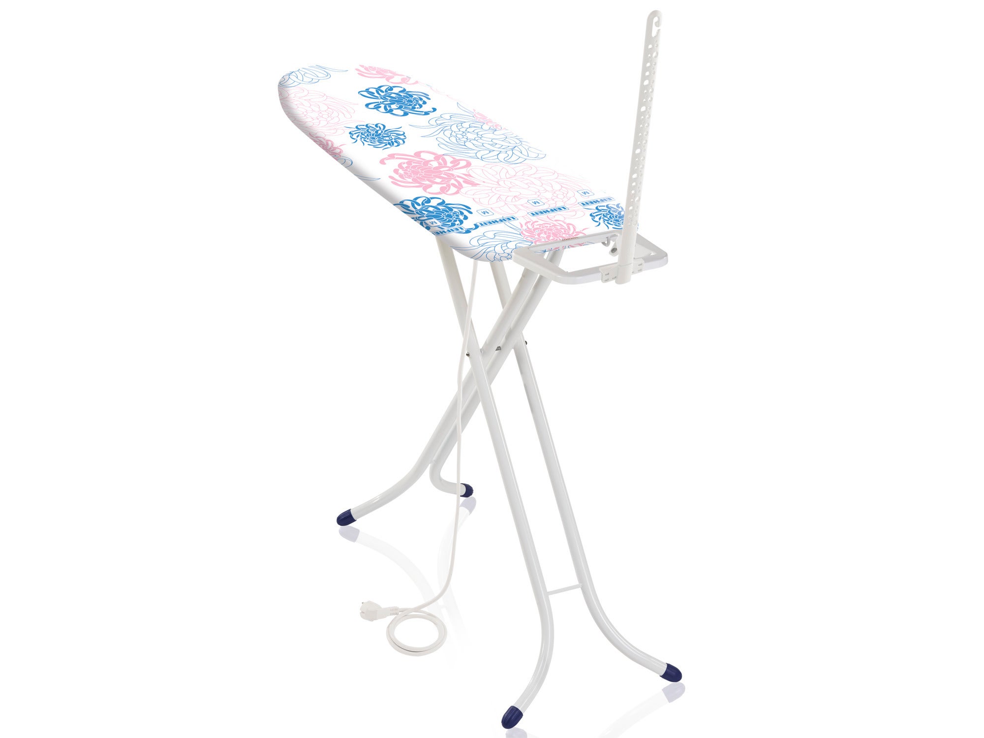 Classic M Compact Plus ironing table with floral pattern in blue and pink. The table is foldable and has a sturdy white metal frame. Ideal for efficient ironing.
