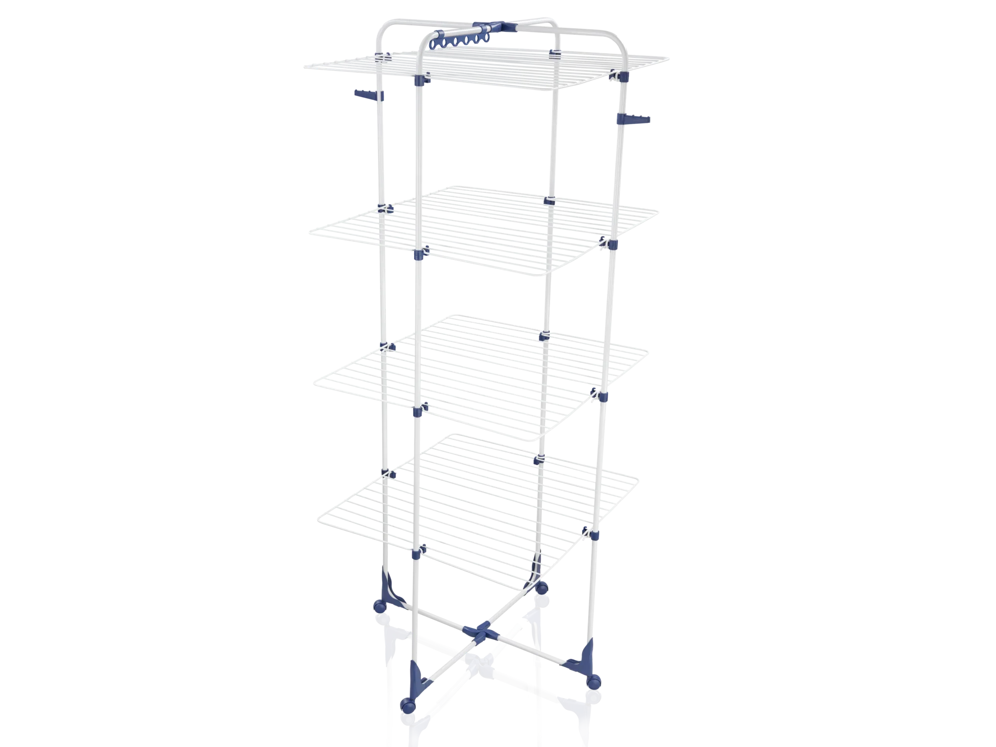 Turmtrockner Classic 450 von Leifheit in Weiß und Blau. Der dreistöckige Wäscheständer bietet viel Platz zum Trocknen von Kleidung und ist ideal für kleine Räume.