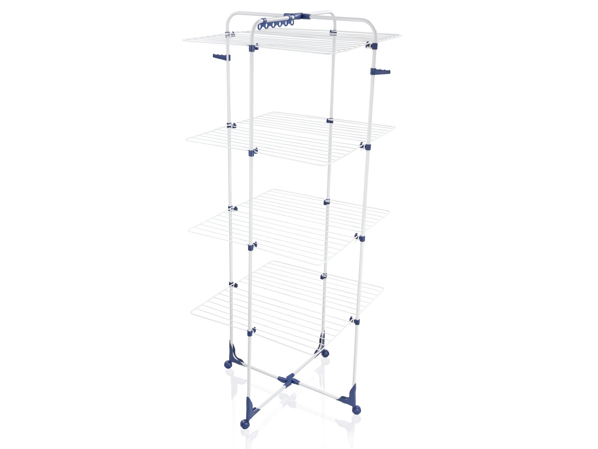 Turmtrockner Classic 450 von Leifheit in Weiß und Blau. Der dreistöckige Wäscheständer bietet viel Platz zum Trocknen von Kleidung und ist ideal für kleine Räume.