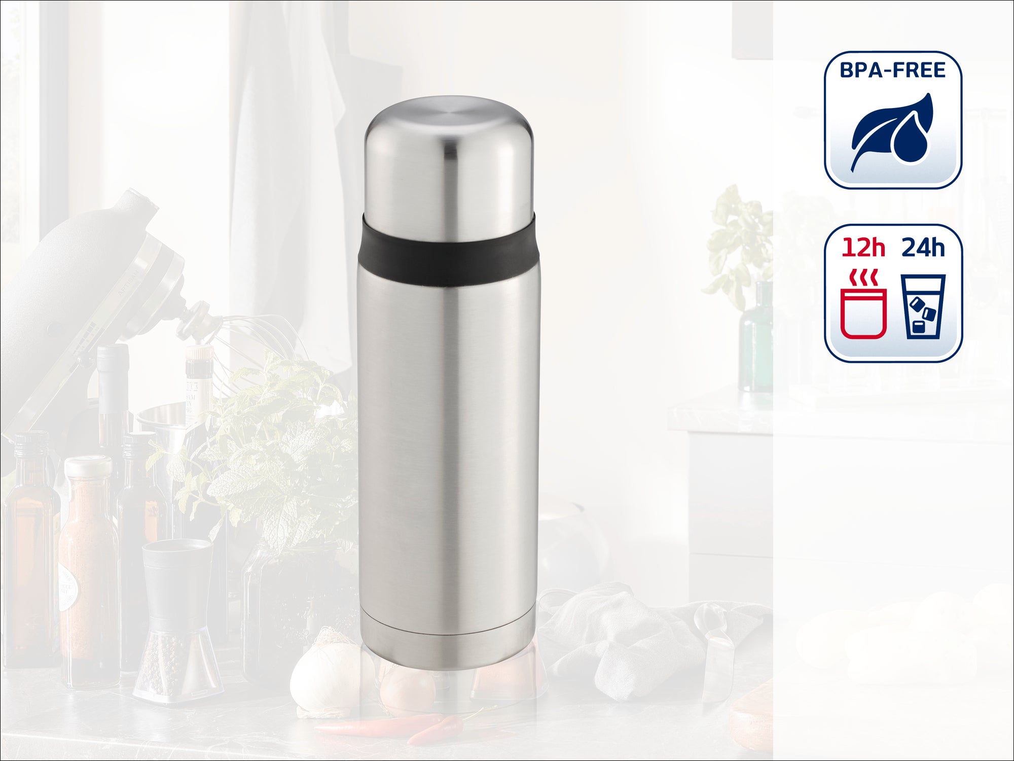 Thermos en acier inoxydable avec bande noire, sans BPA. Garde les boissons chaudes pendant 12 heures et froides pendant 24 heures. Idéal pour les déplacements et respectueux de l'environnement.