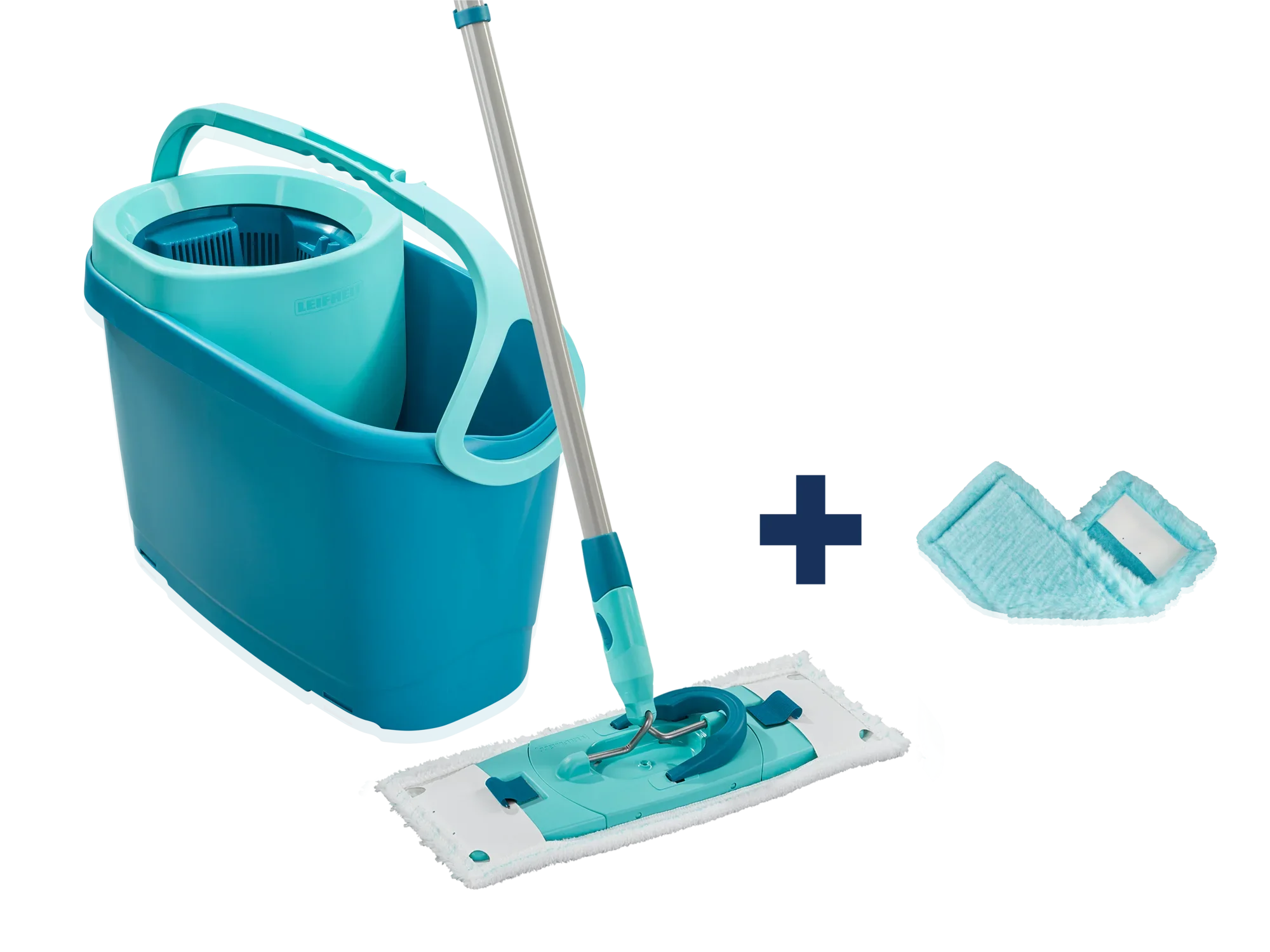 Ein Set bestehend aus einem blauen Eimer mit Schleudermechanismus, einem ergonomischen Stiel und einem Mikrofaser-Wischbezug. Ideal für die gründliche Reinigung von Böden.