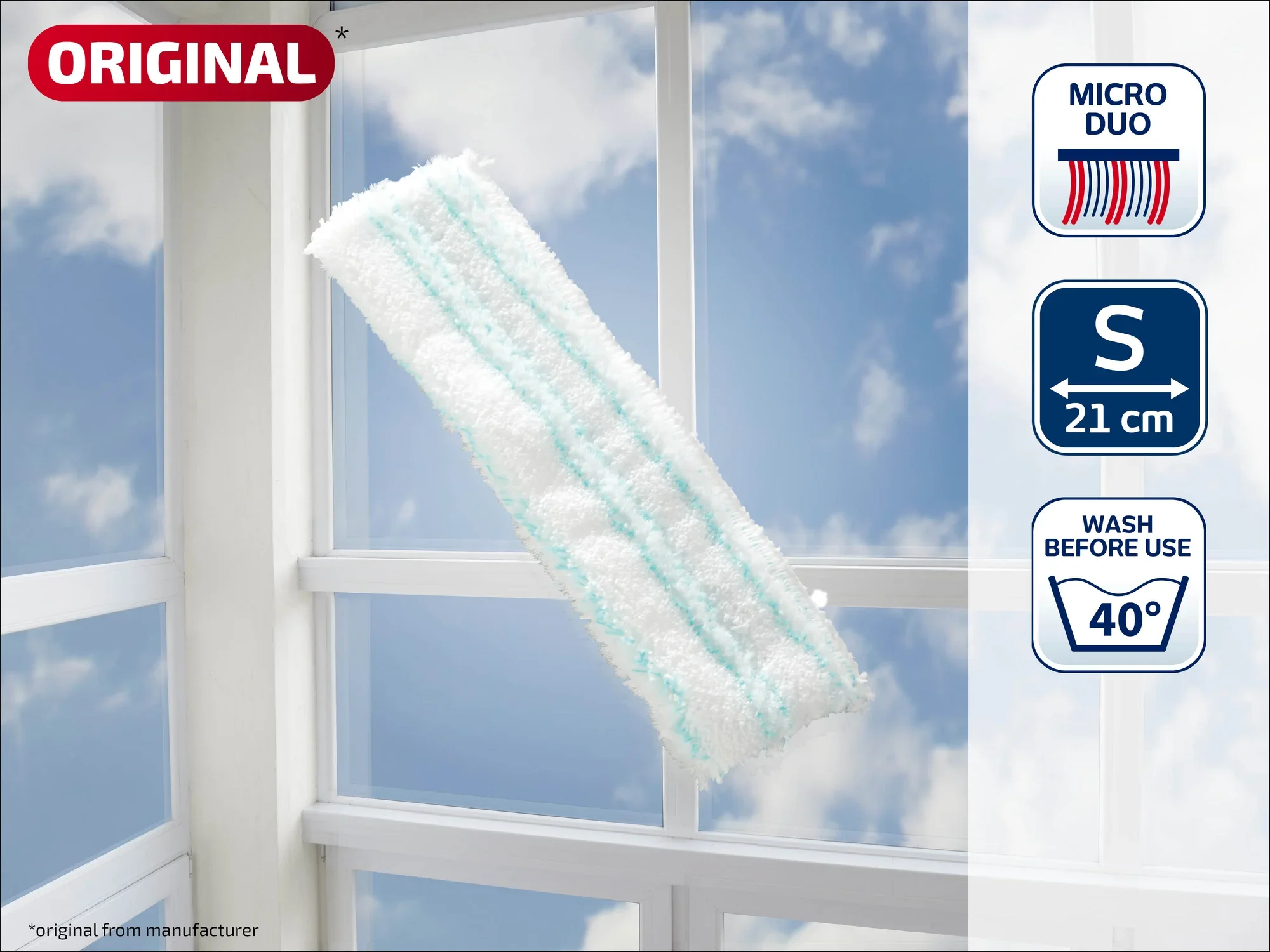 Wymienna nakładka na ściągaczkę do okien. Ma szerokość 21 cm i nadaje się do czyszczenia w temperaturze 40 stopni. Idealna do czyszczenia okien bez smug.