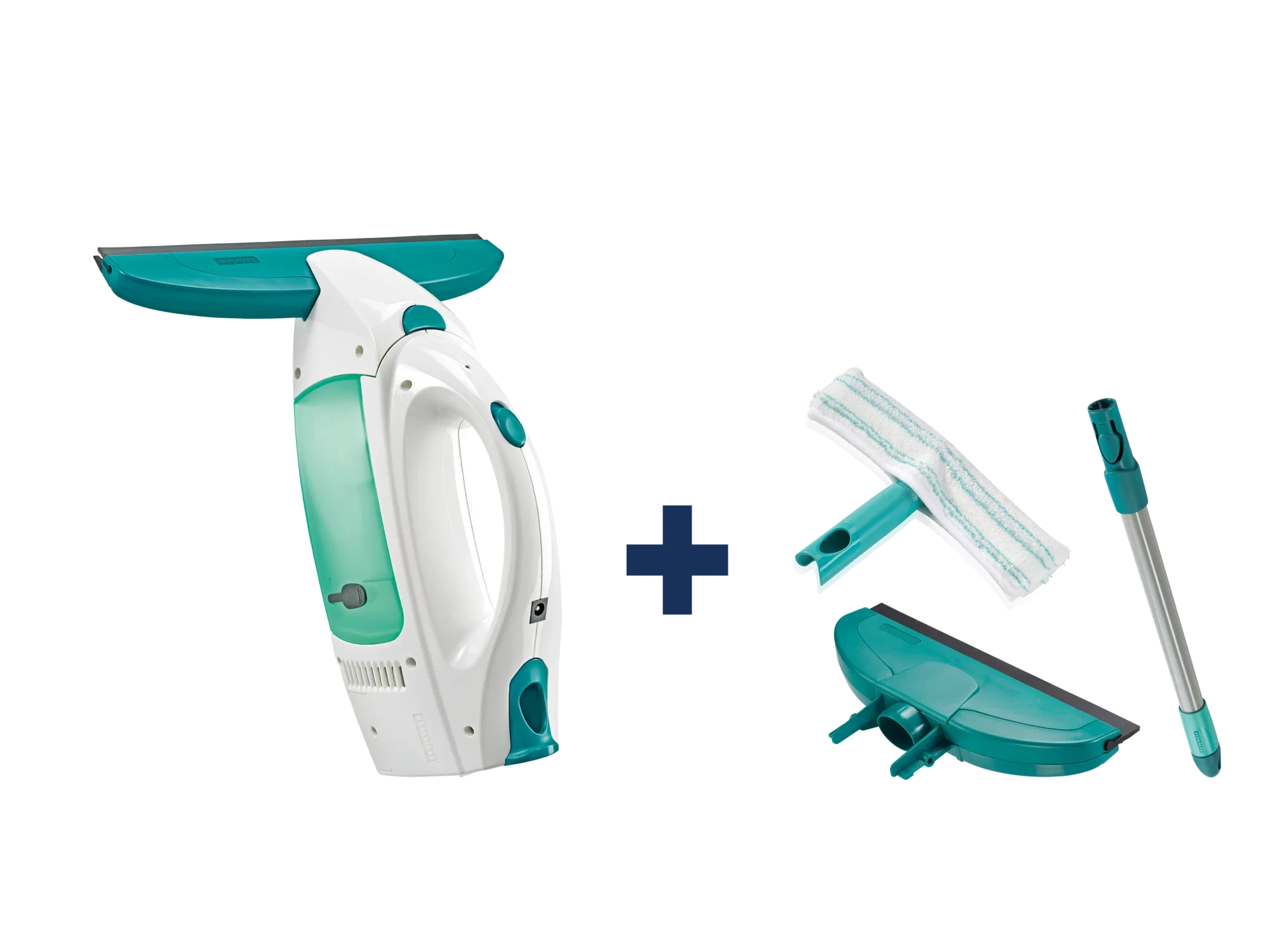 Dry & Clean raamstofzuiger complete set: Een witte en groene raamstofzuiger met accessoires, waaronder een wisserhulpstuk en een verlengstok, ideaal voor streeploos ramen zemen.