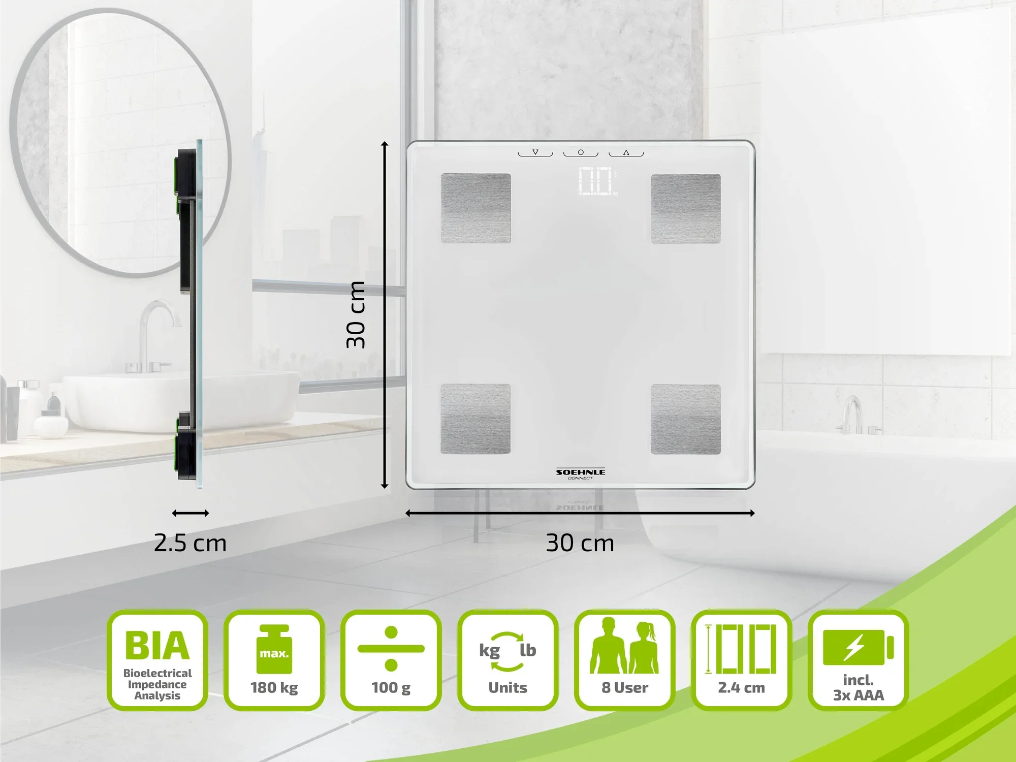 Cyfrowa waga łazienkowa Soehnle z analizą impedancji bioelektrycznej (BIA). Mierzy do 180 kg, wyświetla wagę w kg lub funtach i przechowuje dane dla 8 użytkowników. Zawiera 3 baterie AAA.