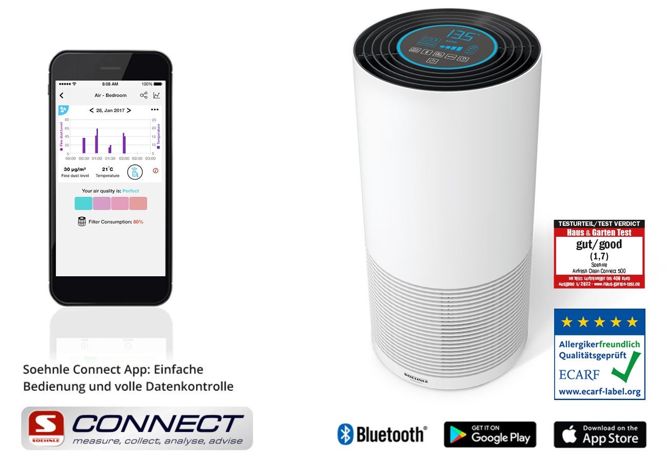 Ein weisser Luftreiniger mit digitalem Display neben einem Smartphone mit Luftqualitaets-App und Logos fuer Auszeichnungen und App-Downloads.