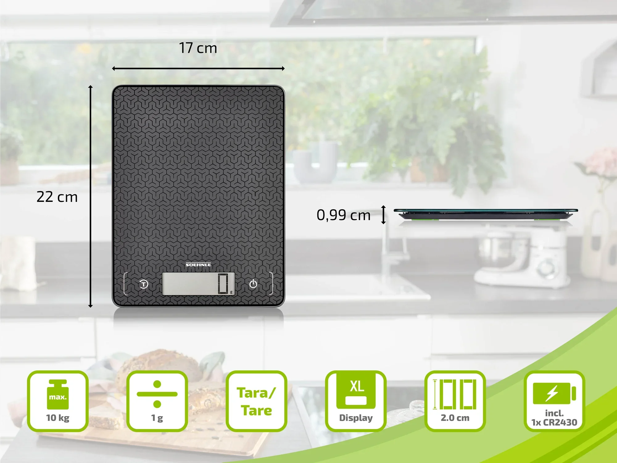 Cyfrowa waga kuchenna Soehnle w kolorze czarnym z geometrycznym wzorem. Wymiary: 17 x 22 x 0,99 cm. Funkcje: Tarowanie, wyświetlacz XL, maks. 10 kg, w zestawie 1x bateria CR2430. Idealna do precyzyjnego ważenia.