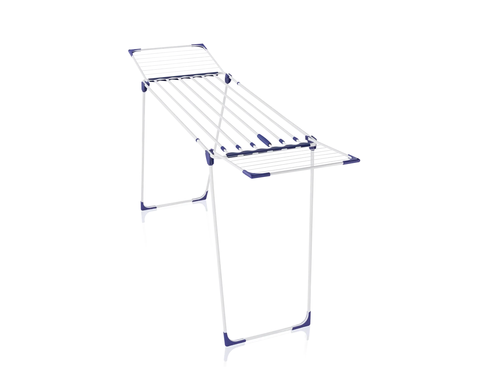 Een uitschuifbaar droogrek met een stevig design en blauwe accenten. Ideaal voor het drogen van kleding in kleine ruimtes. Model: Classic Uitschuifbaar 230Solid.