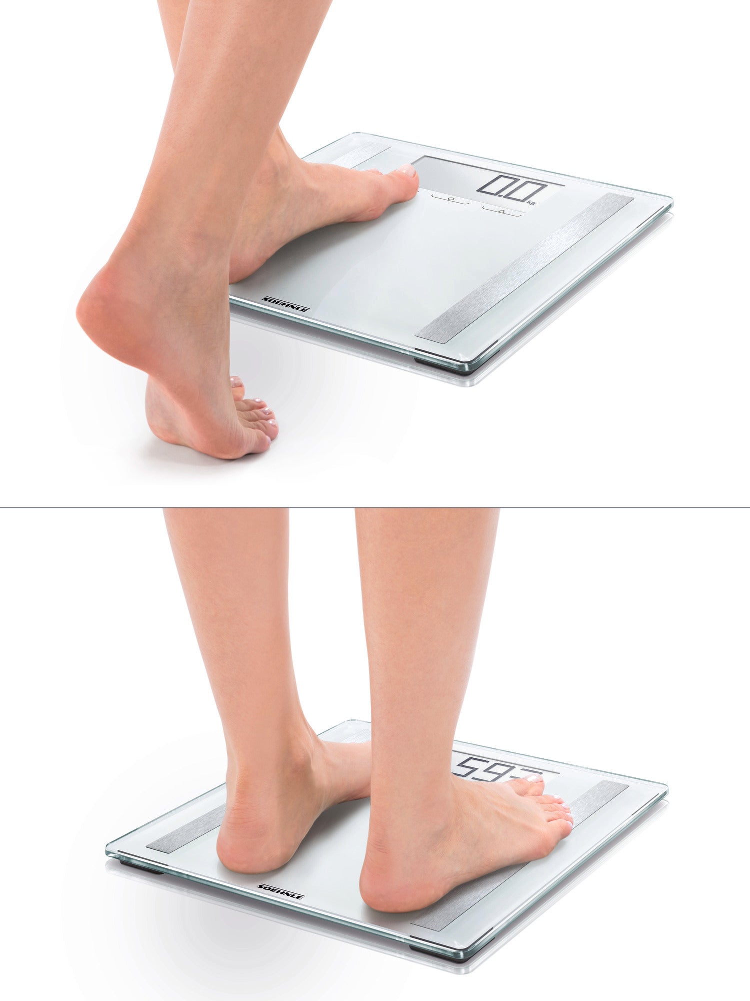 Zwei Ansichten einer Personenwaage digital, Modell Shape Sense Control 200. Oben wird ein Fuß auf die Waage gestellt, unten steht eine Person vollständig darauf.