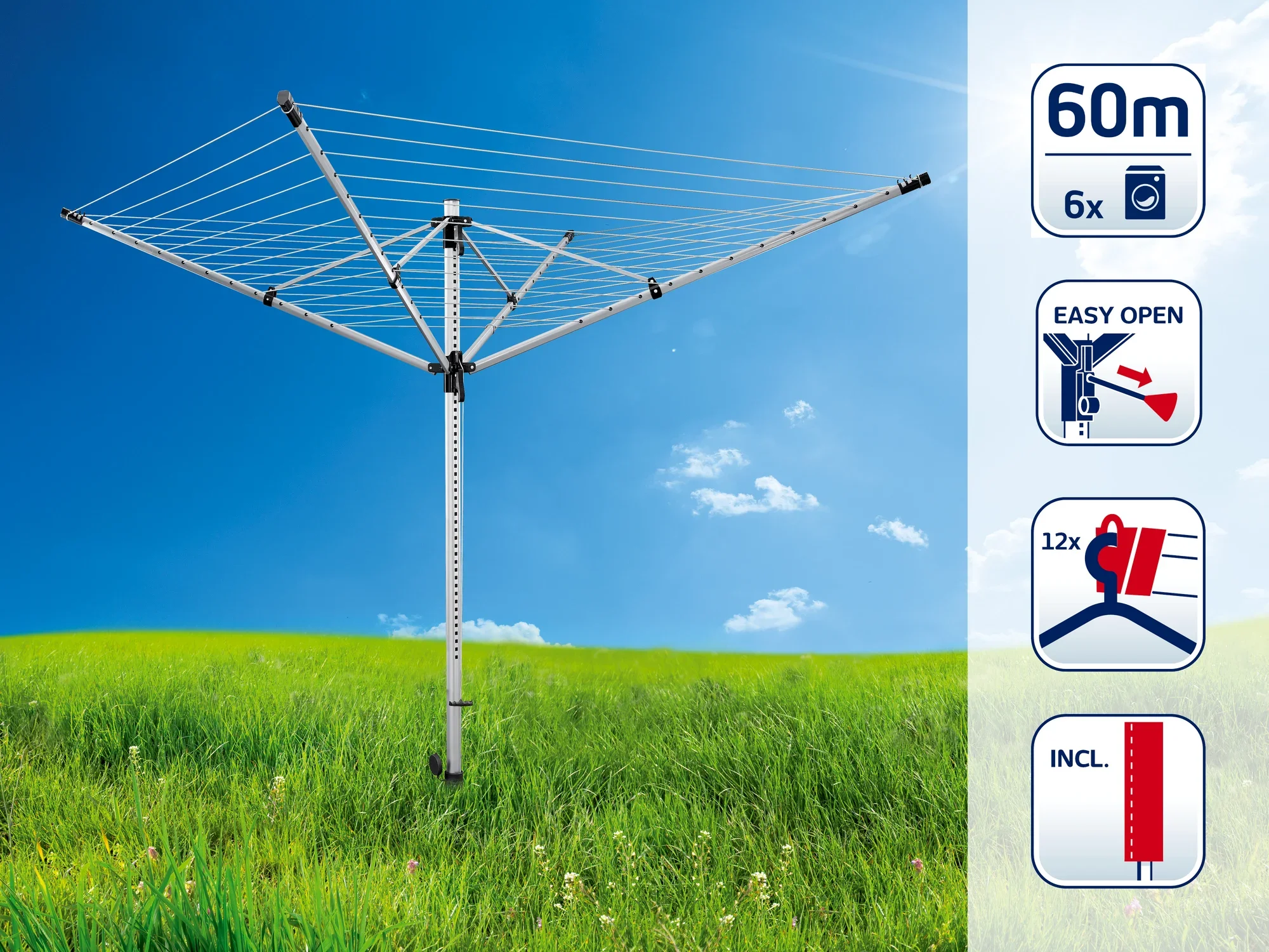 Wasdroger in een groene weide onder een blauwe hemel. De droogmolen heeft een drooglengte van 60 meter, is gemakkelijk te openen en wordt geleverd met 12 hangers. Ideaal voor grote hoeveelheden wasgoed.