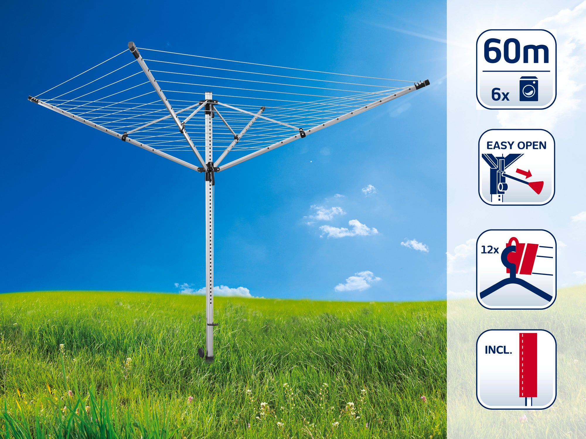 Wäschespinne in einer grünen Wiese unter blauem Himmel. Sie bietet 60 Meter Trockenlänge, ist leicht zu öffnen und kommt mit 12 Kleiderbügeln. Ideal für große Wäschemengen.