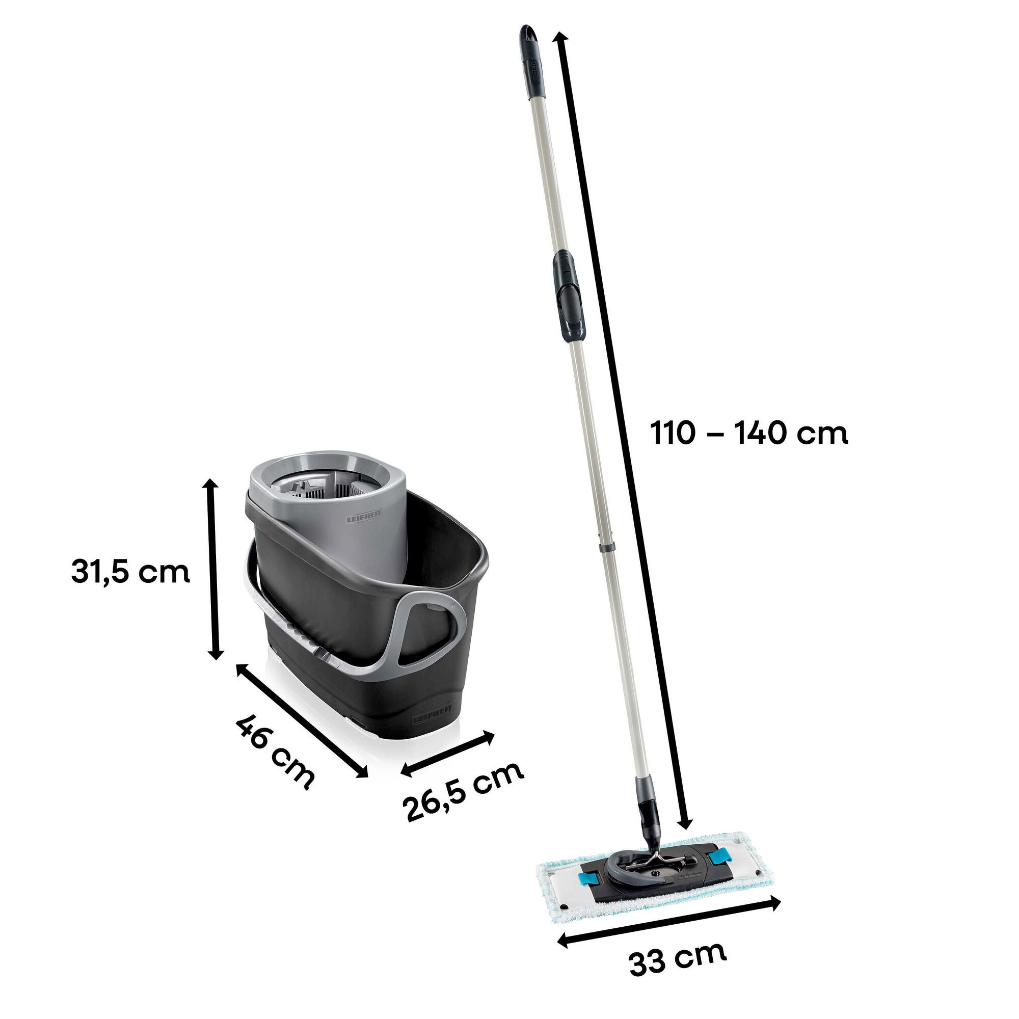 Leifheit Set CLEAN TWIST M Black mit Eimer und Bodenwischer in Schwarzgrau. Abgebildet sind Maße von Eimer, 33 cm Wischbreite sowie ein verstellbarer Stiel von 110 bis 140 cm.