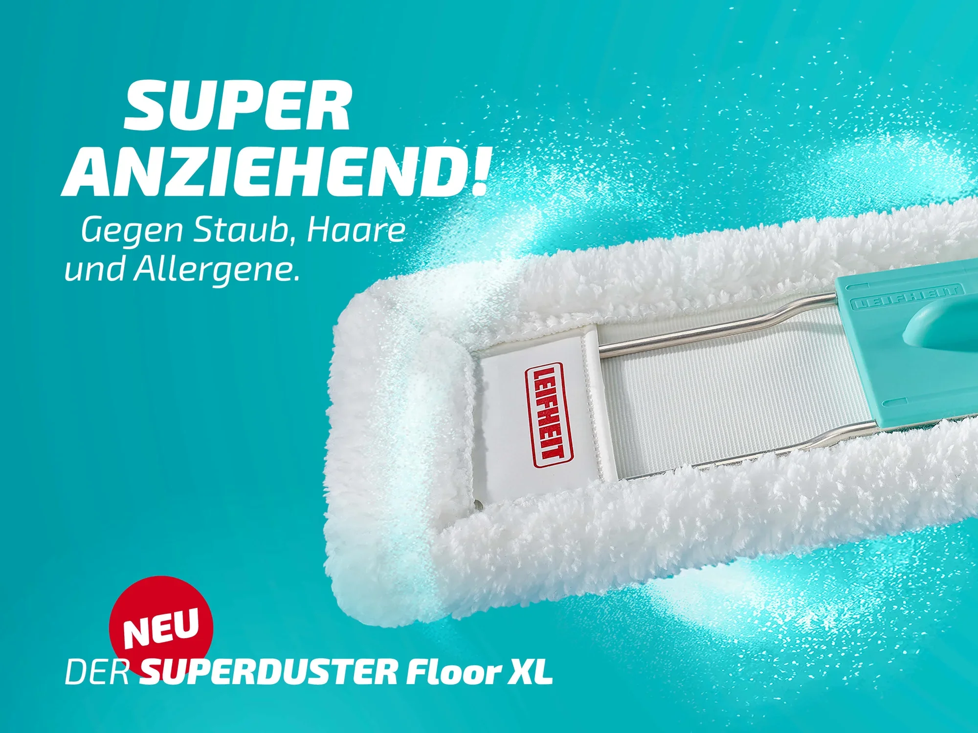 Der Leifheit Superduster Floor XL ist ein Staubbezug, der effektiv gegen Staub, Haare und Allergene wirkt. Das Bild zeigt den weißen Bezug mit einem blauen Griff.