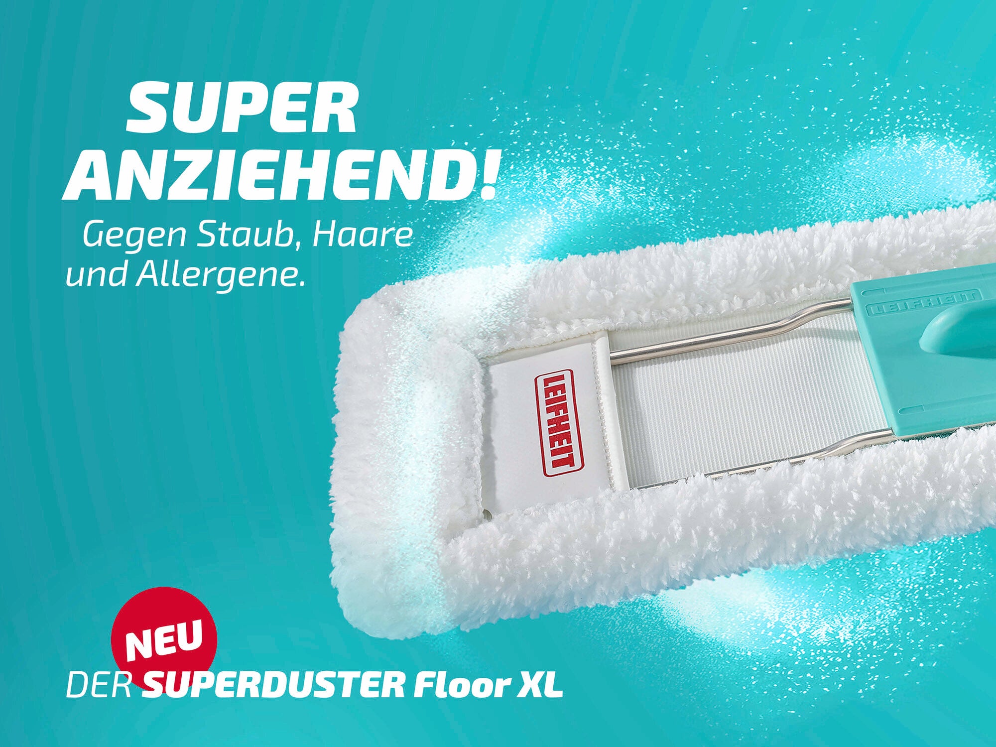 Der Leifheit Superduster Floor XL ist ein Staubbezug, der effektiv gegen Staub, Haare und Allergene wirkt. Das Bild zeigt den weißen Bezug mit einem blauen Griff.