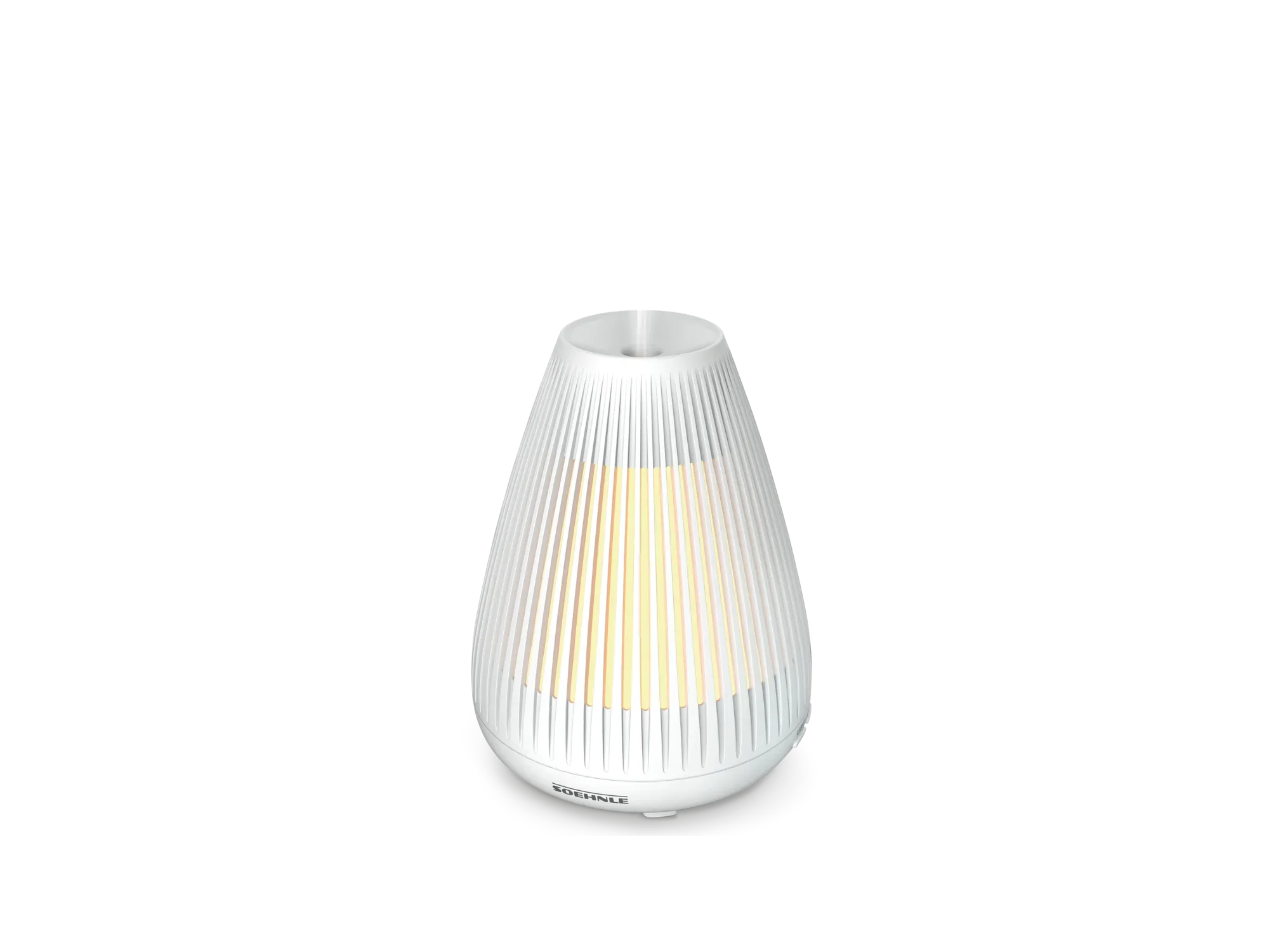 Elegancki dyfuzor zapachów o nowoczesnym, stożkowym kształcie. Dyfuzor ma białą, żebrowaną powierzchnię i emituje miękkie, ciepłe światło. Idealny do relaksującej aromaterapii.