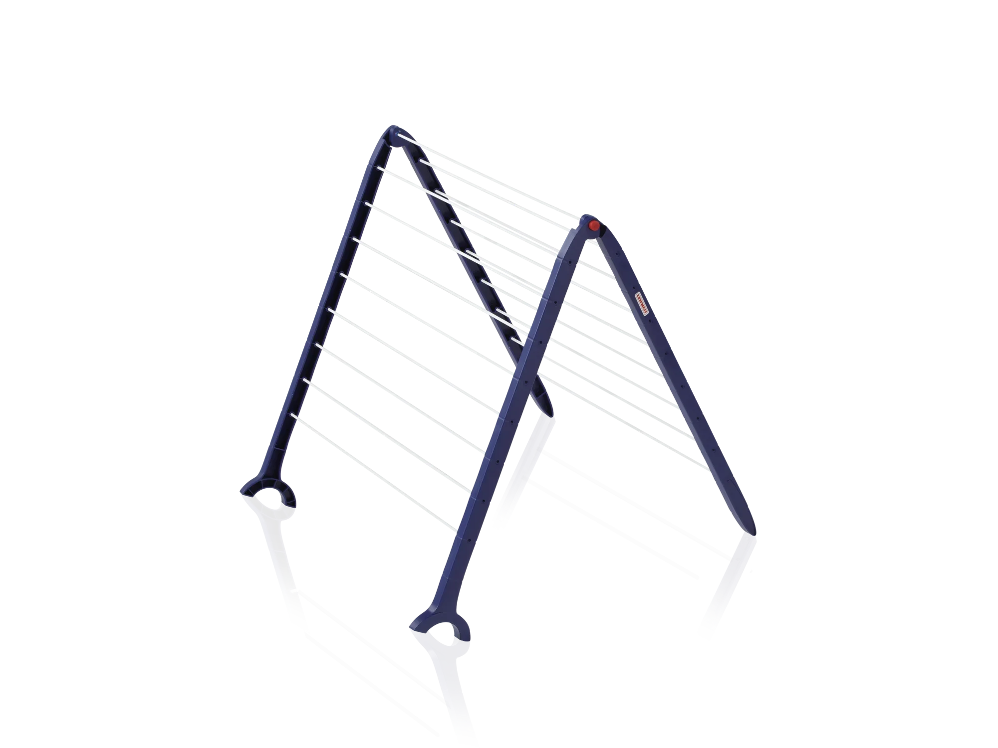 Een blauwe baddroger genaamd Pegasus Bath 110, die over een bad geplaatst kan worden. Hij heeft verschillende drooglijnen en kan compact worden opgevouwen.