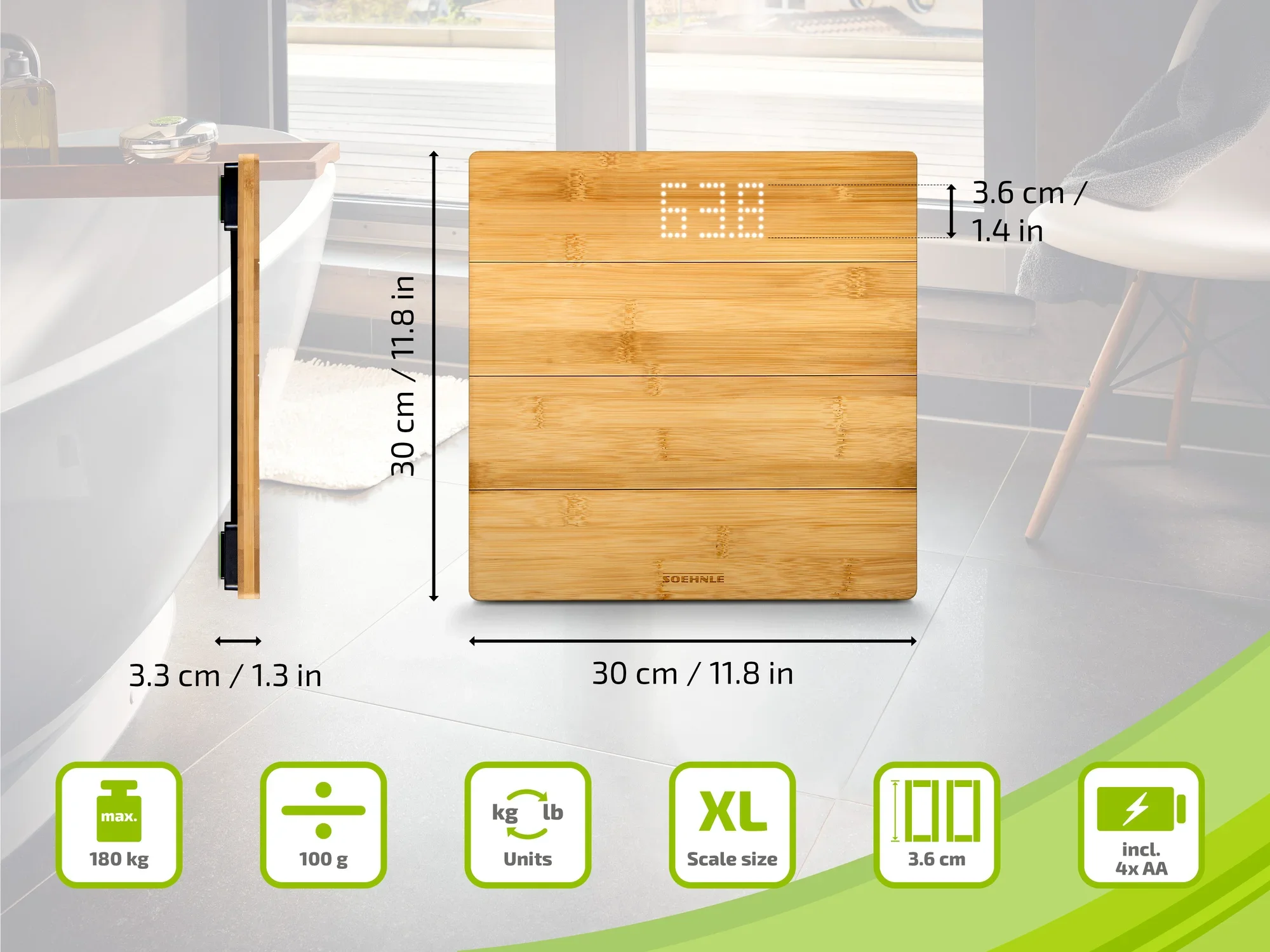 Cyfrowa waga łazienkowa wykonana z bambusa z wyświetlaczem LED. Wymiary: 30 x 30 x 3,6 cm. Wytrzymuje obciążenie do 180 kg. Zawiera 4x baterie AA. Idealna do nowoczesnych łazienek.