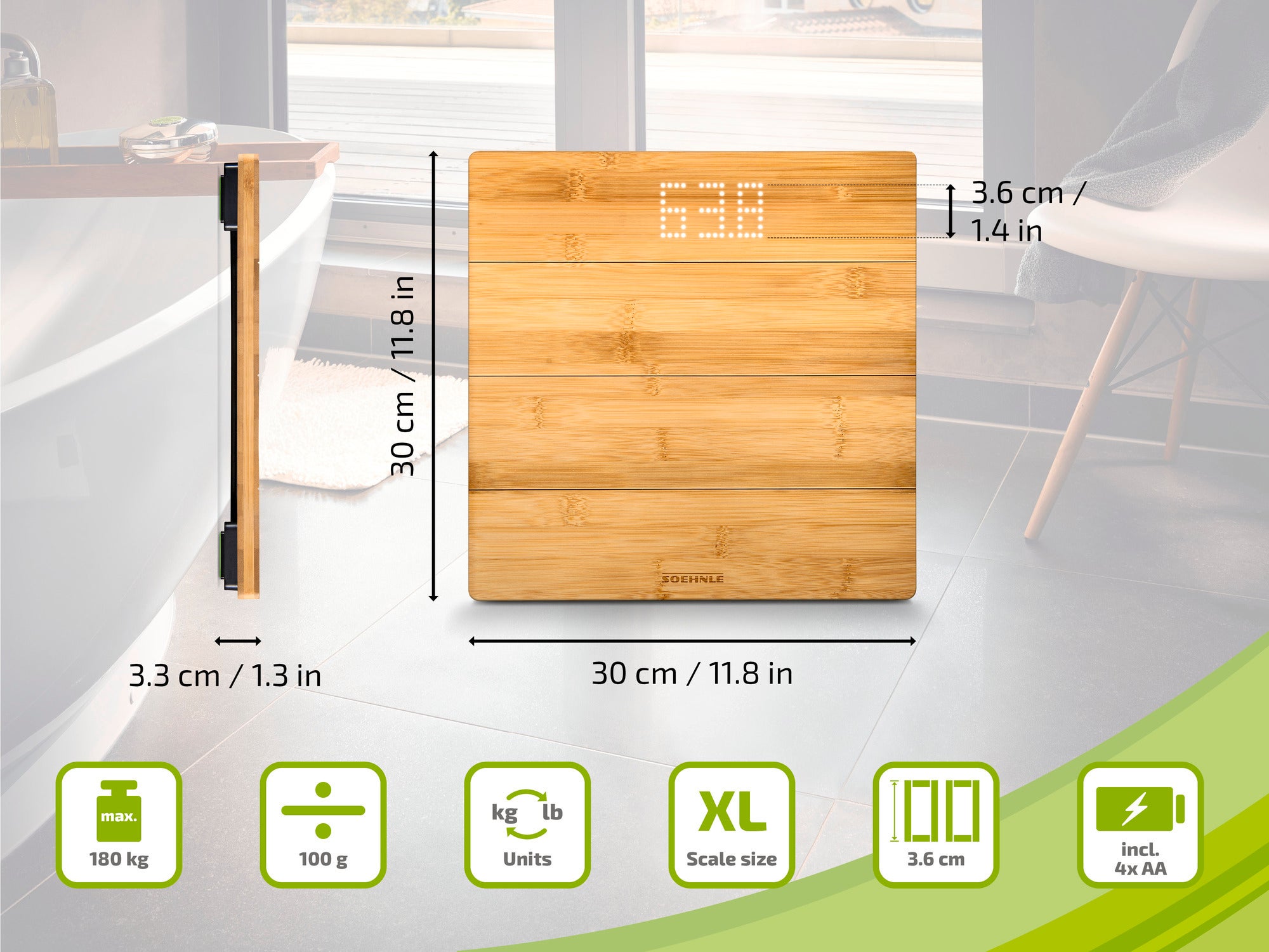 Digitale Personenwaage aus Bambus mit LED-Anzeige. Maße: 30 x 30 x 3,6 cm. Unterstützt bis zu 180 kg. Inklusive 4x AA-Batterien. Ideal für moderne Badezimmer.