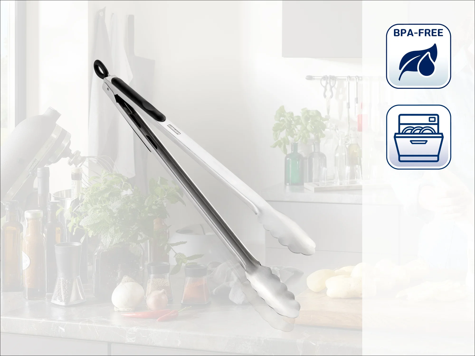 Roestvrijstalen tang met zwart handvat, ideaal voor in de keuken. BPA-vrij en vaatwasmachinebestendig. Perfect om voedsel vast te pakken en om te draaien tijdens het koken.