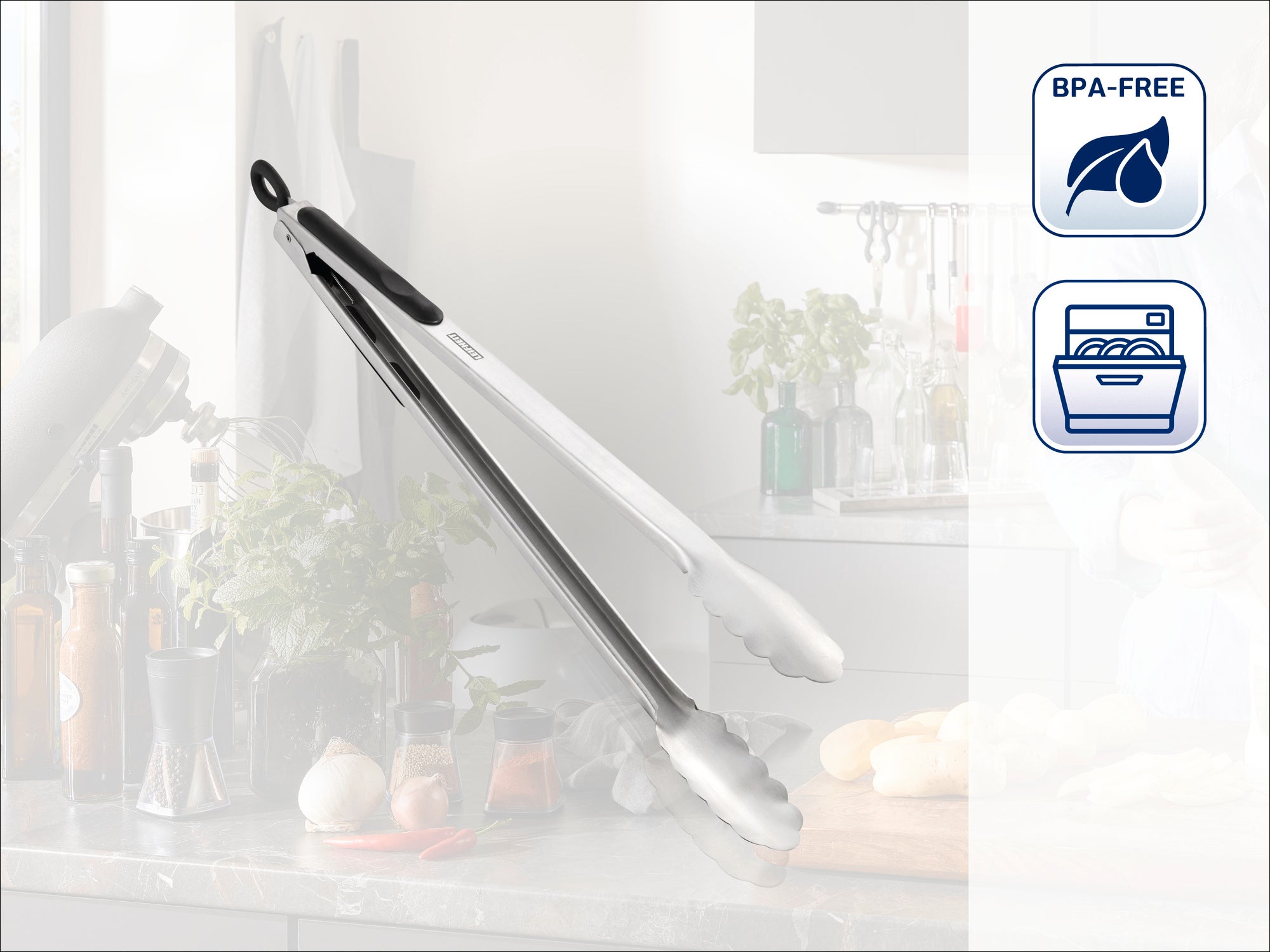Stainless steel tongs with black handles, ideal for the kitchen. BPA-free and dishwasher safe. Perfect for gripping and turning food while cooking.