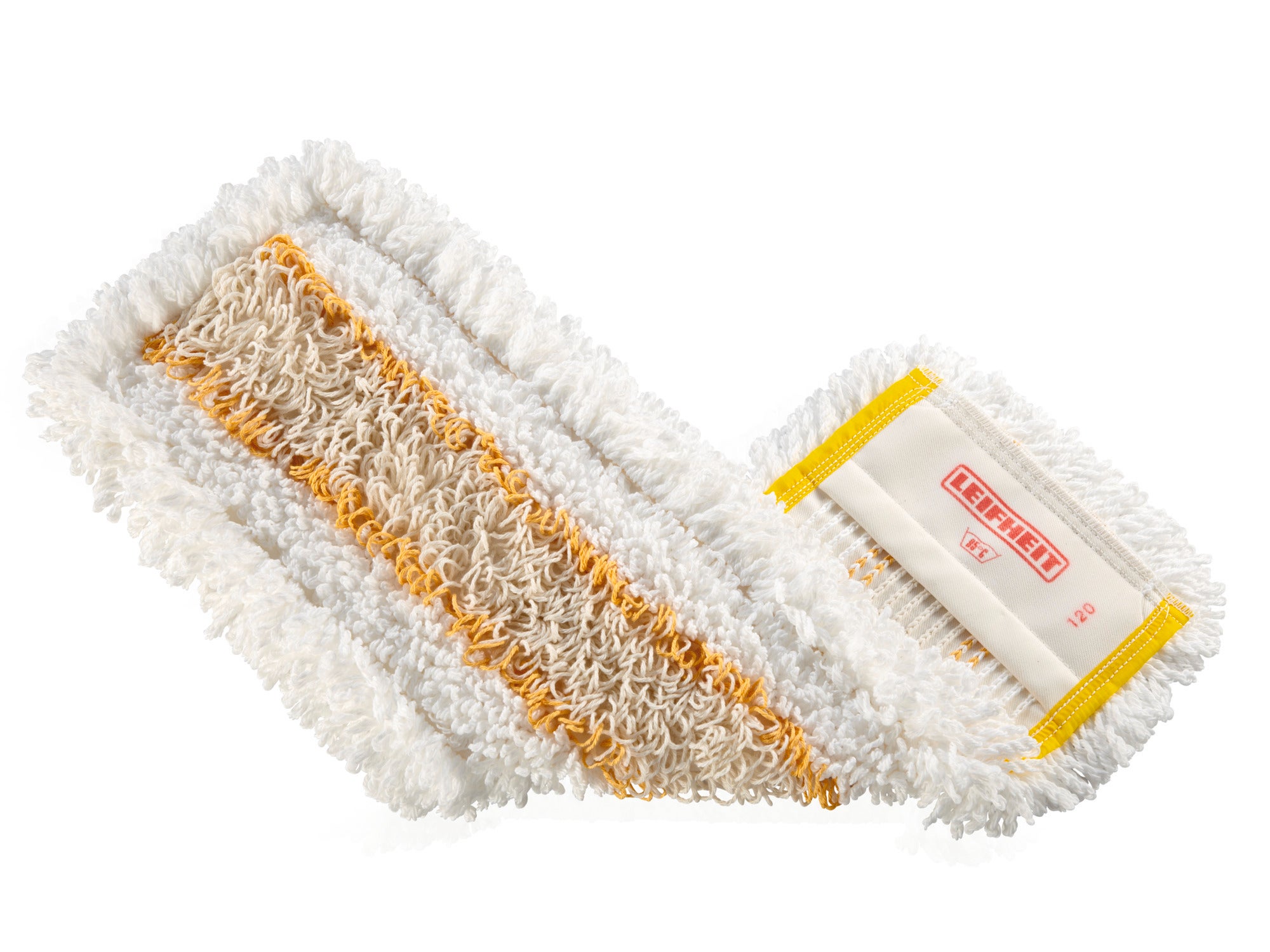 Un panno bianco in microfibra con strisce gialle e beige, adatto per lavori di pulizia professionali. Ideale per una pulizia efficiente e accurata.