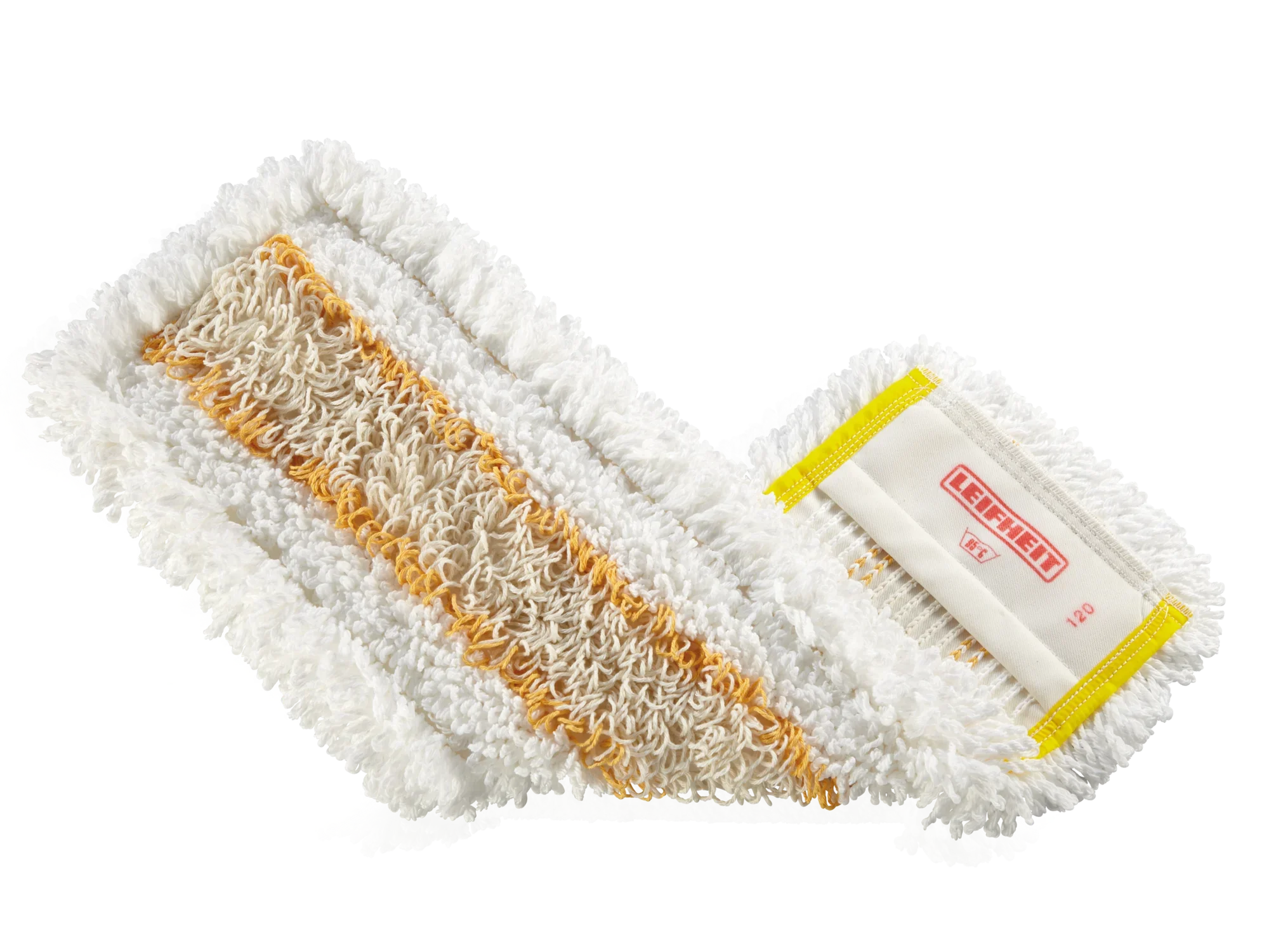 Biała nakładka z mikrofibry z żółtymi i beżowymi paskami, odpowiednia do profesjonalnego sprzątania. Idealna do wydajnego i dokładnego mopowania.