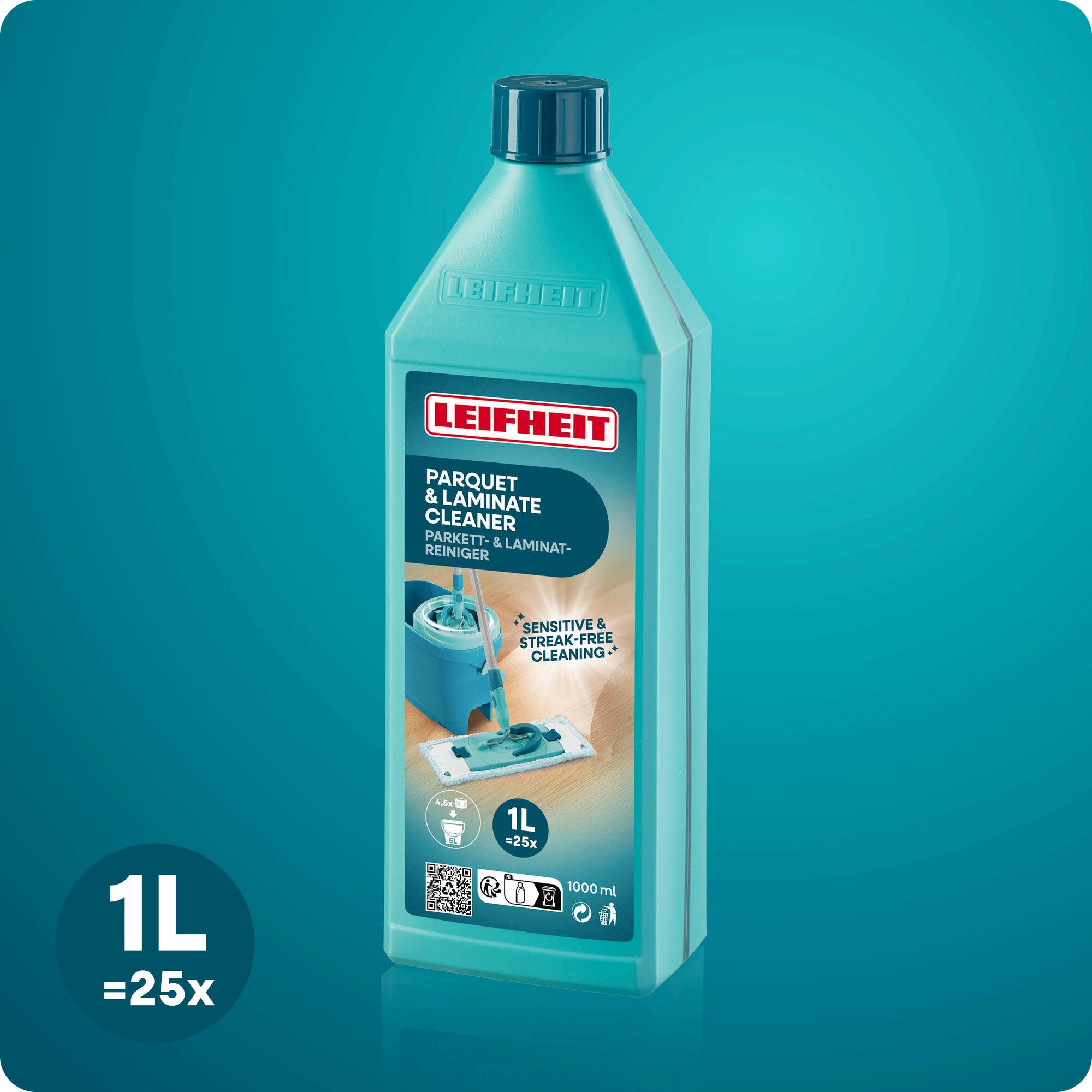 Leifheit Parkett- & Laminatreiniger 1000 ml in türkisfarbener Flasche mit dunkelblauem Verschluss, freigestellt vor blauem Hintergrund; Etikett mit Wischmopp, 1-Liter-Angabe und Hinweis auf sensible Pflege.