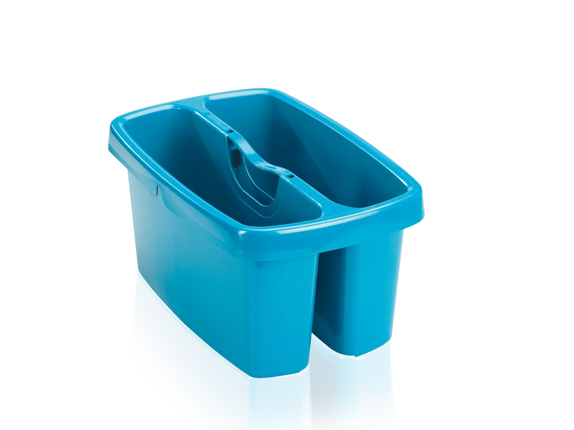 Prostokątne niebieskie wiadro z dwiema przegrodami, idealne do sprzątania. Wiadro jest wytrzymałe i praktyczne, idealne do użytku domowego lub komercyjnego.