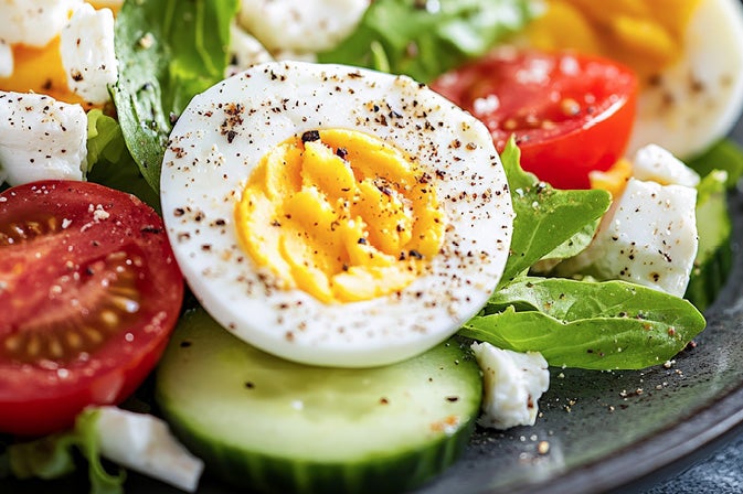 Salat als gesundes Frühlingsrezept mit wenig Kalorien Ein frischer Salat mit geschnittenem hartgekochtem Ei, Tomaten, Gurken, Feta und Rucola, garniert mit Pfeffer auf einem Teller.