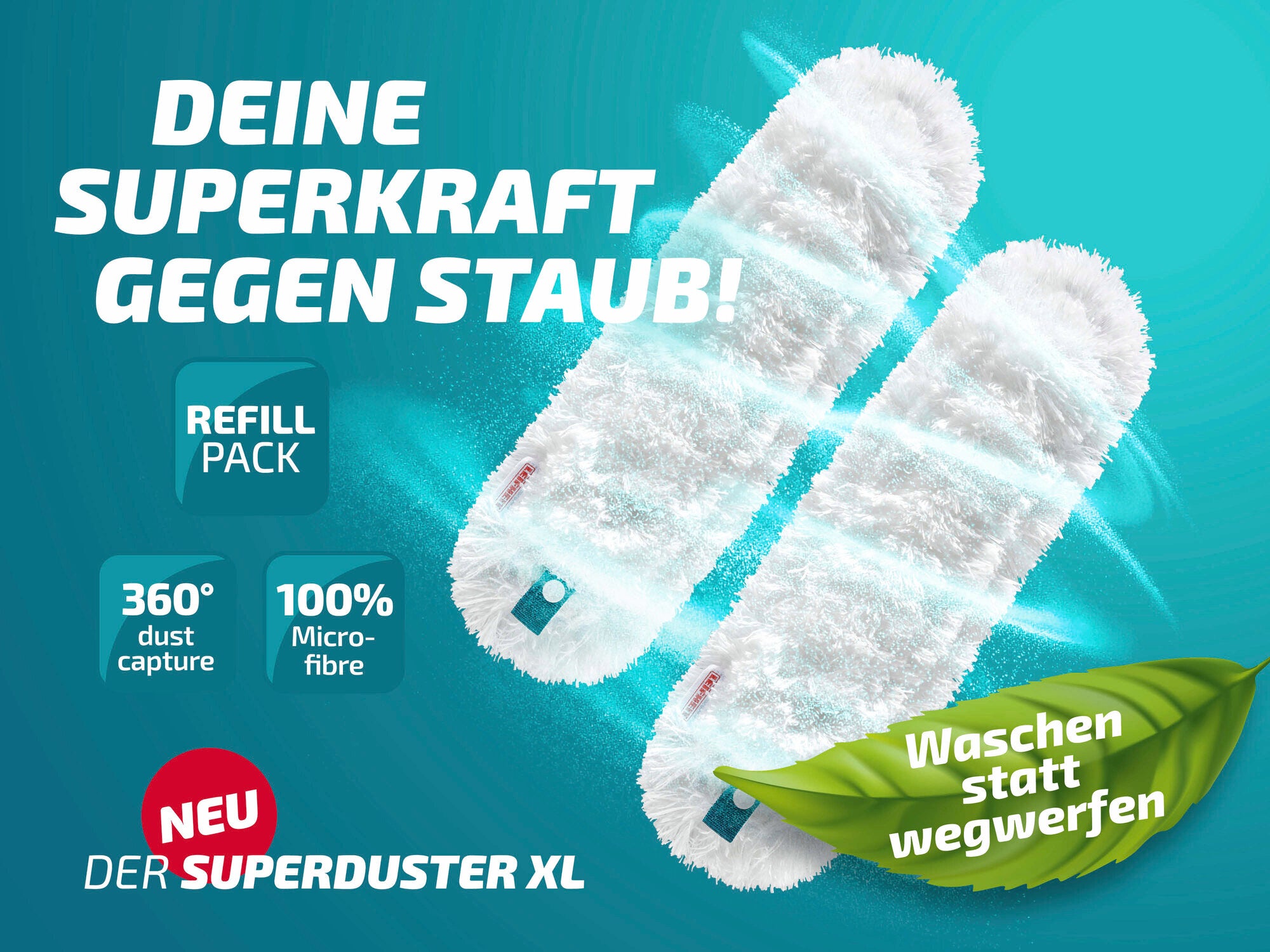 Der Leifheit SUPERDUSTER XL Staubbezug im 2er-Pack bietet 360° Staubaufnahme und besteht aus 100% Mikrofaser. Ideal zum Waschen statt Wegwerfen, für effektive Reinigung.