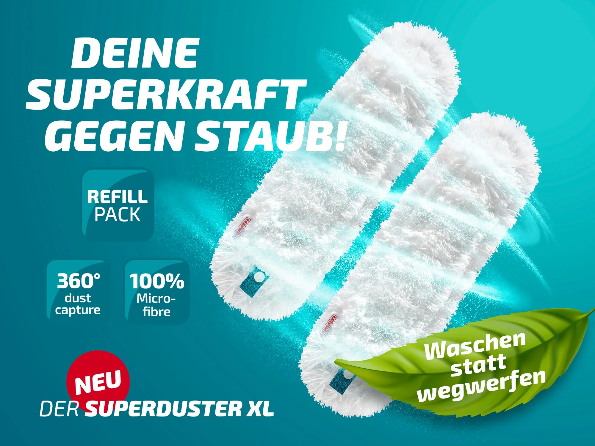 Der Leifheit SUPERDUSTER XL Staubbezug im 2er-Pack bietet 360° Staubaufnahme und besteht aus 100% Mikrofaser. Ideal zum Waschen statt Wegwerfen, für effektive Reinigung.