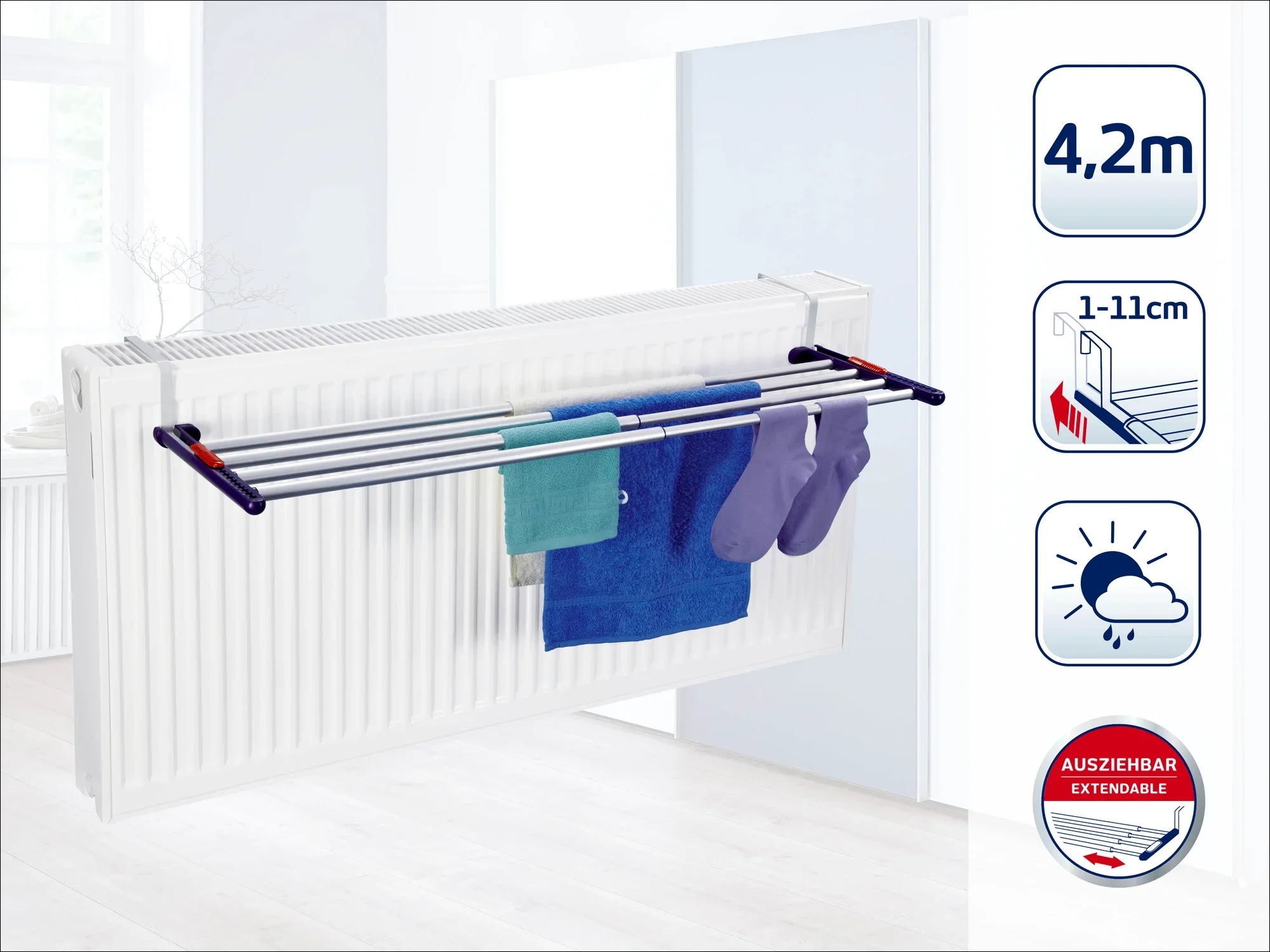 Een Leifheit hangende droger wordt bevestigd aan een radiator en biedt ruimte voor verschillende kledingstukken. Hij kan worden uitgeschoven tot 4,2 meter en is ideaal voor kleine kamers.
