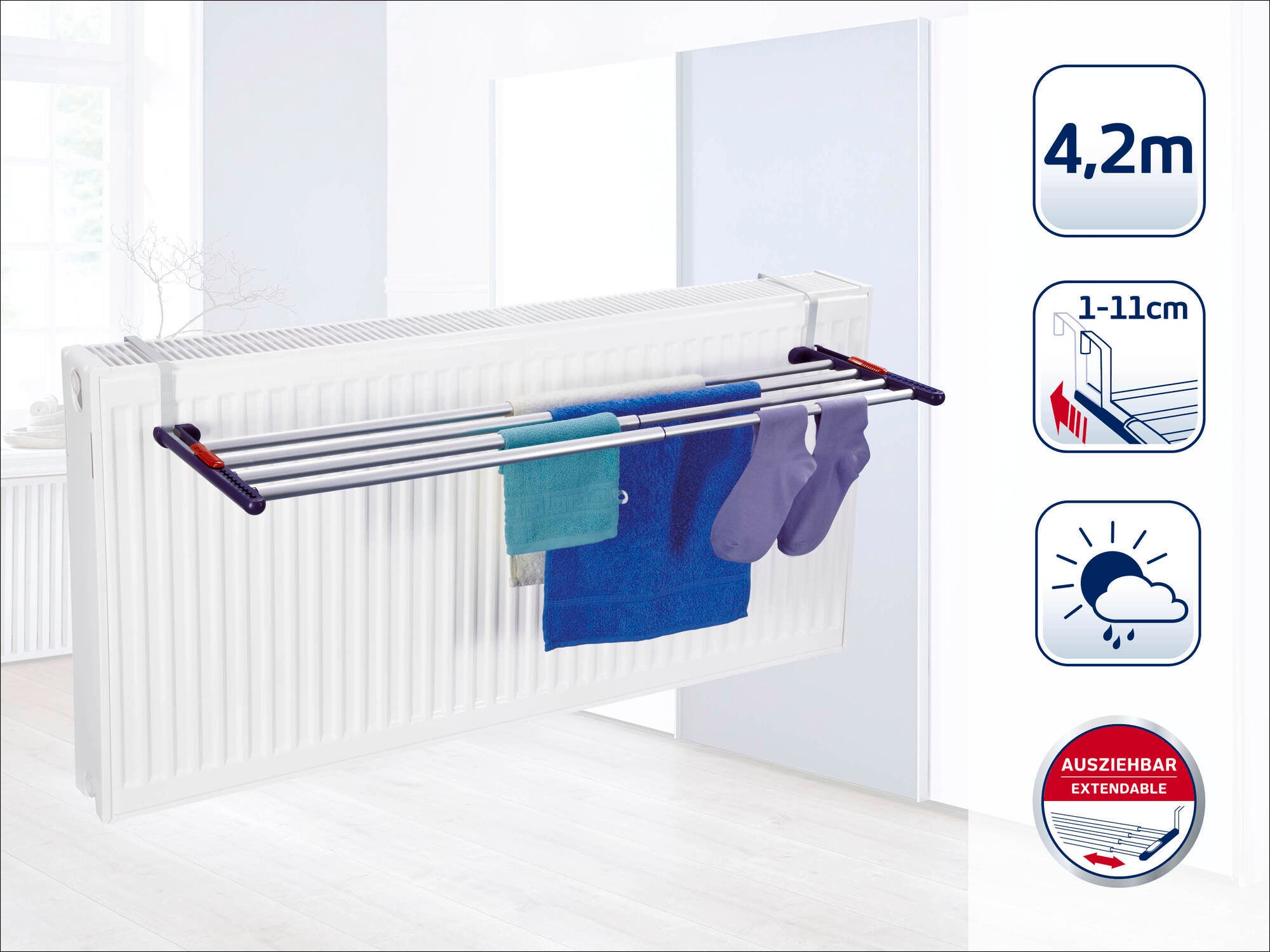 A Leifheit hanging dryer is attached to a radiator and offers space for several items of clothing. It can be extended to 4.2 metres and is ideal for small rooms.