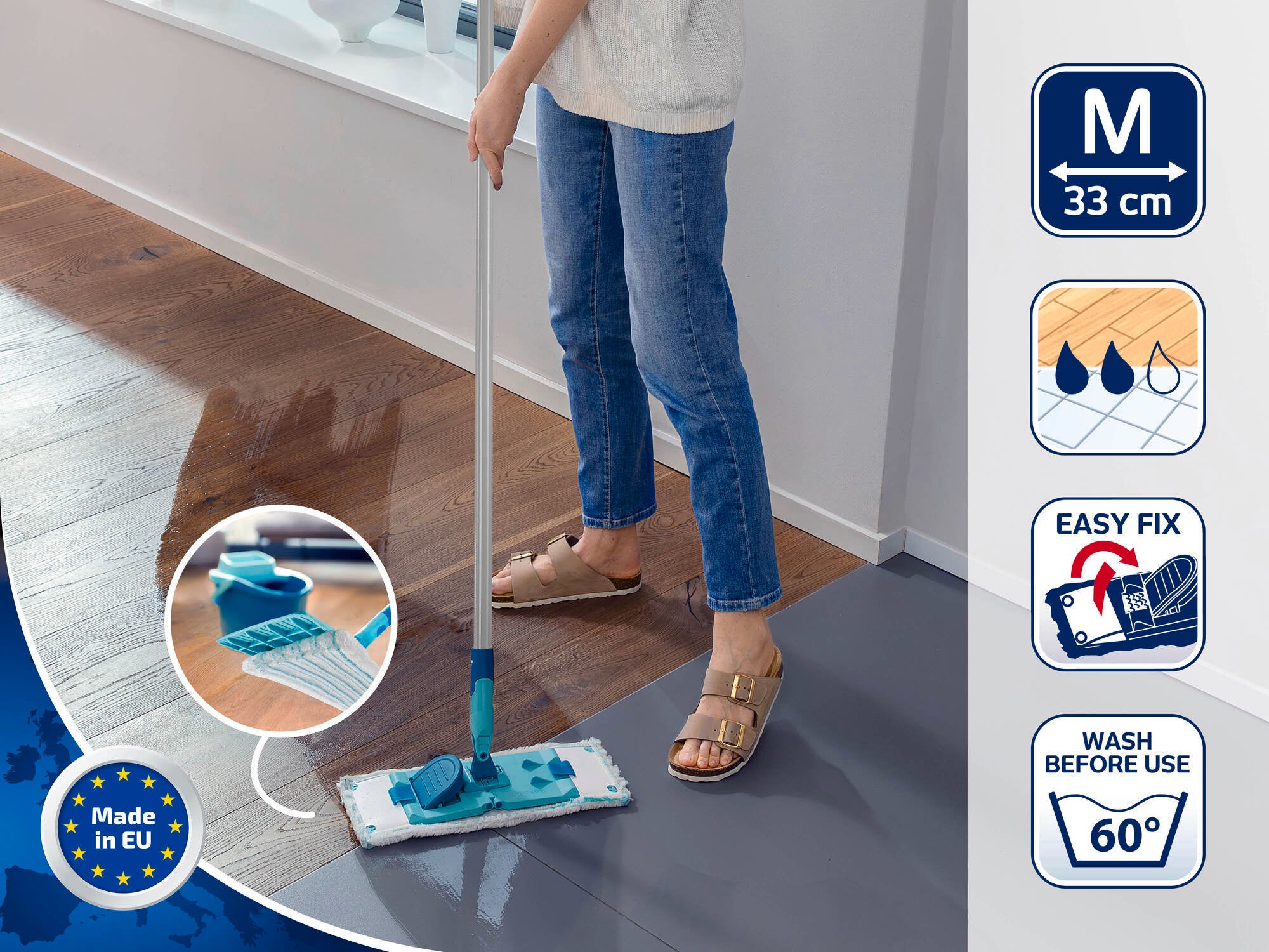 Osoba czyści drewnianą podłogę mopem Leifheit. Produkt ma średni rozmiar 33 cm i jest wyposażony w prosty system mocowania. Można go prać w temperaturze do 60 stopni i został wyprodukowany w UE.