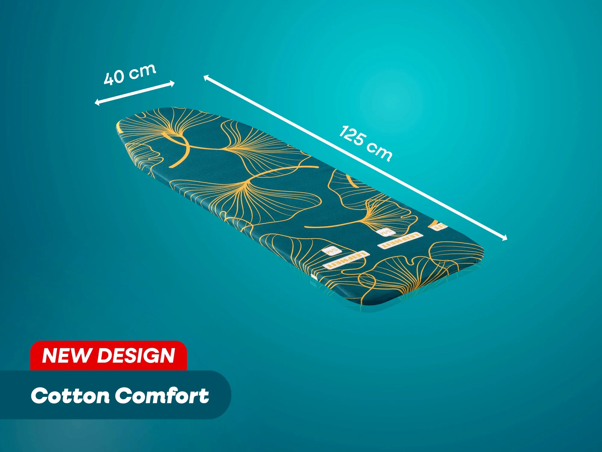 Bügeltischbezug "Cotton Comfort" von Leifheit in neuem Design. Der Bezug misst 40 cm in der Breite und 125 cm in der Länge. Er zeigt ein elegantes Muster in Blau- und Goldtönen.