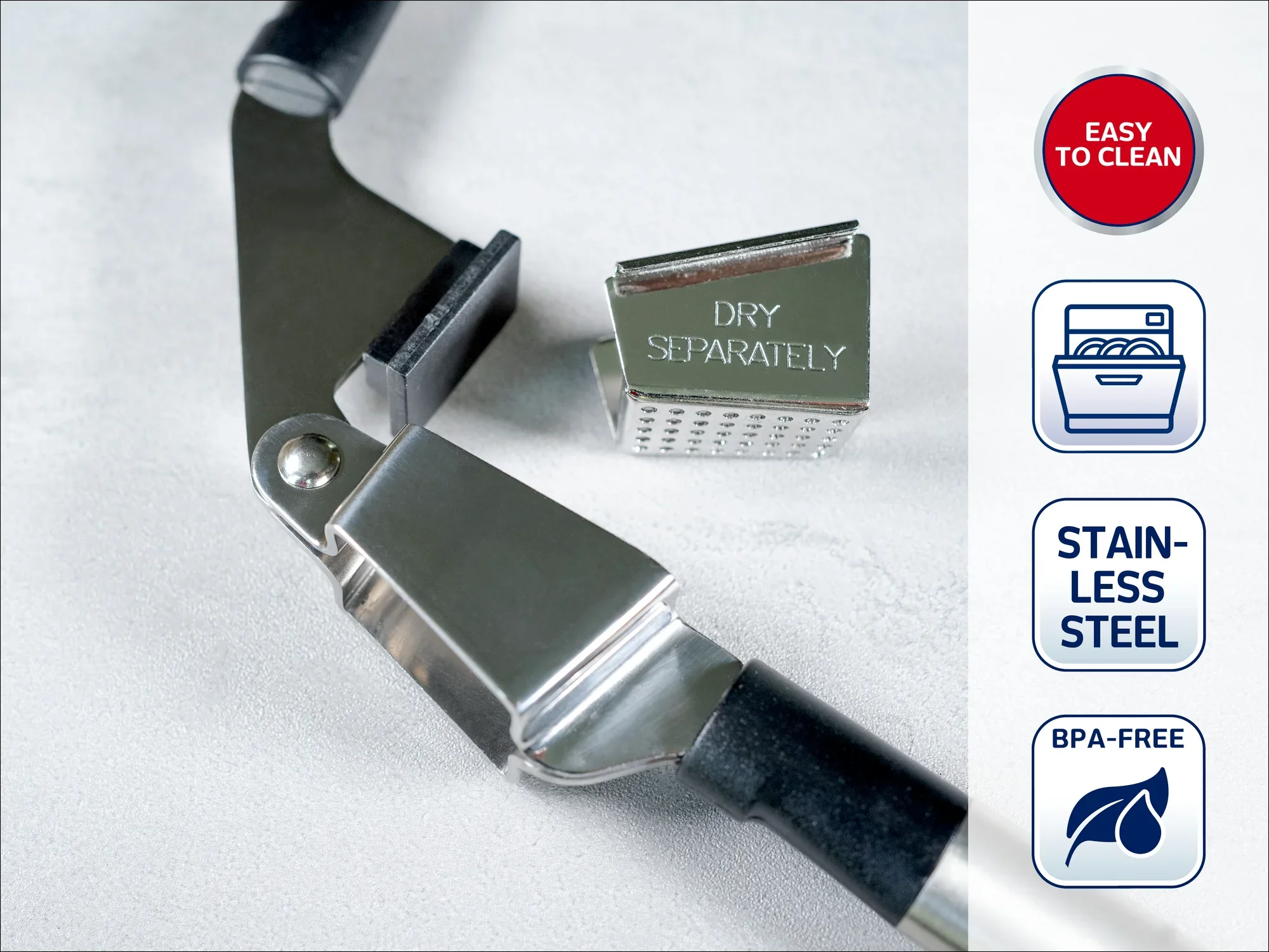 Wysokiej jakości pomocnik kuchenny ze stali nierdzewnej z ergonomicznym uchwytem, łatwy do czyszczenia i niezawierający BPA. Zawiera symbole ułatwiające czyszczenie, wykonany ze stali nierdzewnej i wolny od BPA.